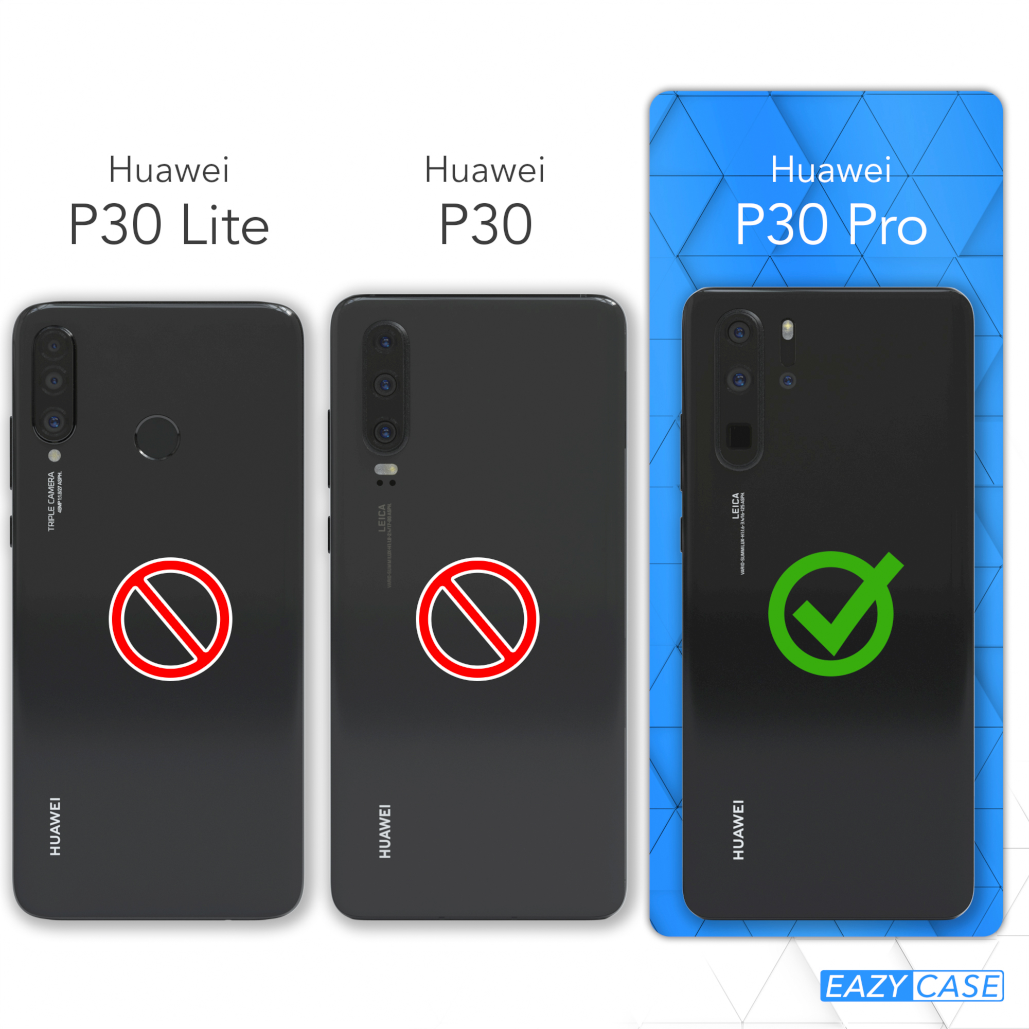 Drei Telefone, zwei mit Verbotsschildern. Huawei P30 Pro hat ein Häkchen. Markenname.