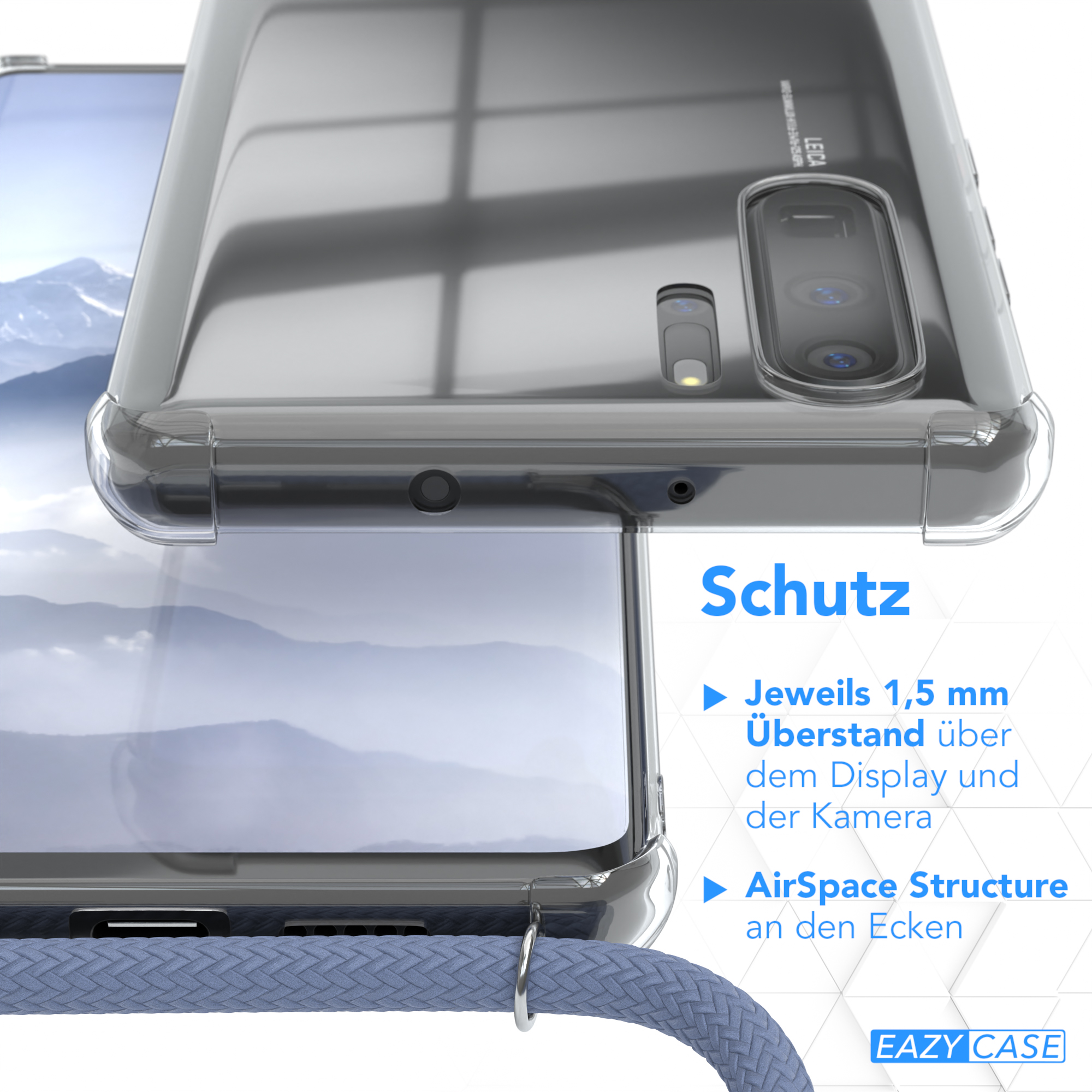 Nahaufnahme eines Telefons in einer transparenten Hülle. An der Hülle ist ein blaues Kabel befestigt.