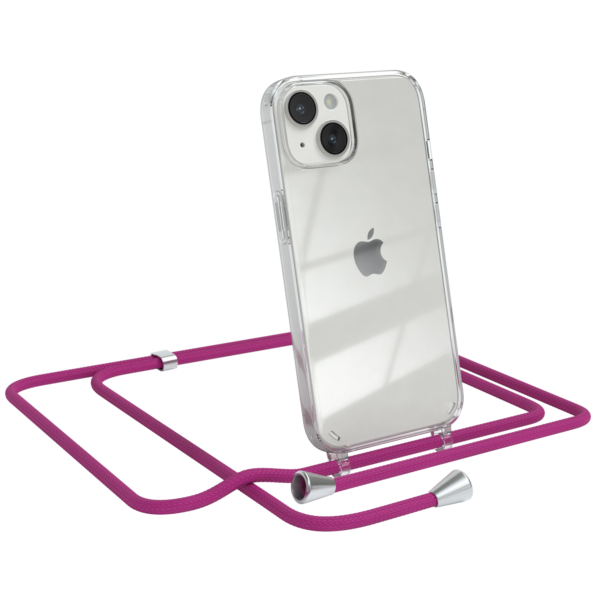 Transparente Handyhülle mit magentafarbenem Umhängeband. Apple-Logo sichtbar. Hülle vor weißem Hintergrund.
