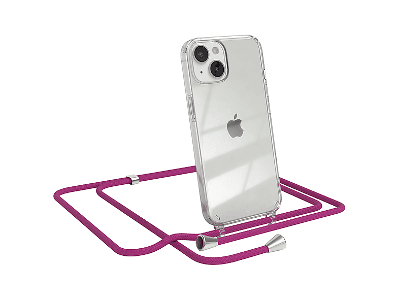EAZY CASE Clear Cover mit Apple, Umhängeband, / 14, Clips Silber Umhängetasche, Pink iPhone