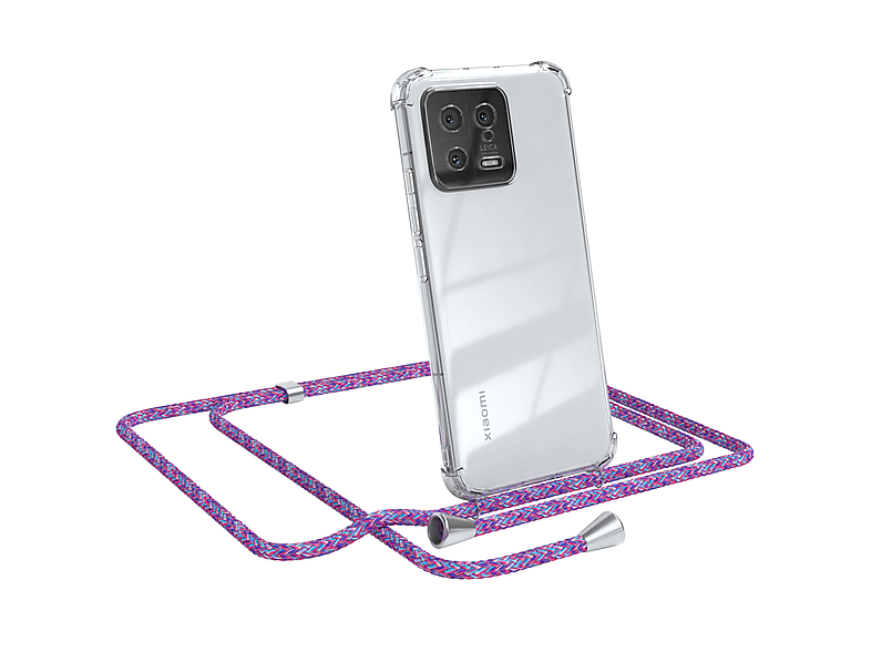 EAZY CASE Clear Cover mit Umhängeband, Umhängetasche, Xiaomi, 13, Lila / Clips Silber