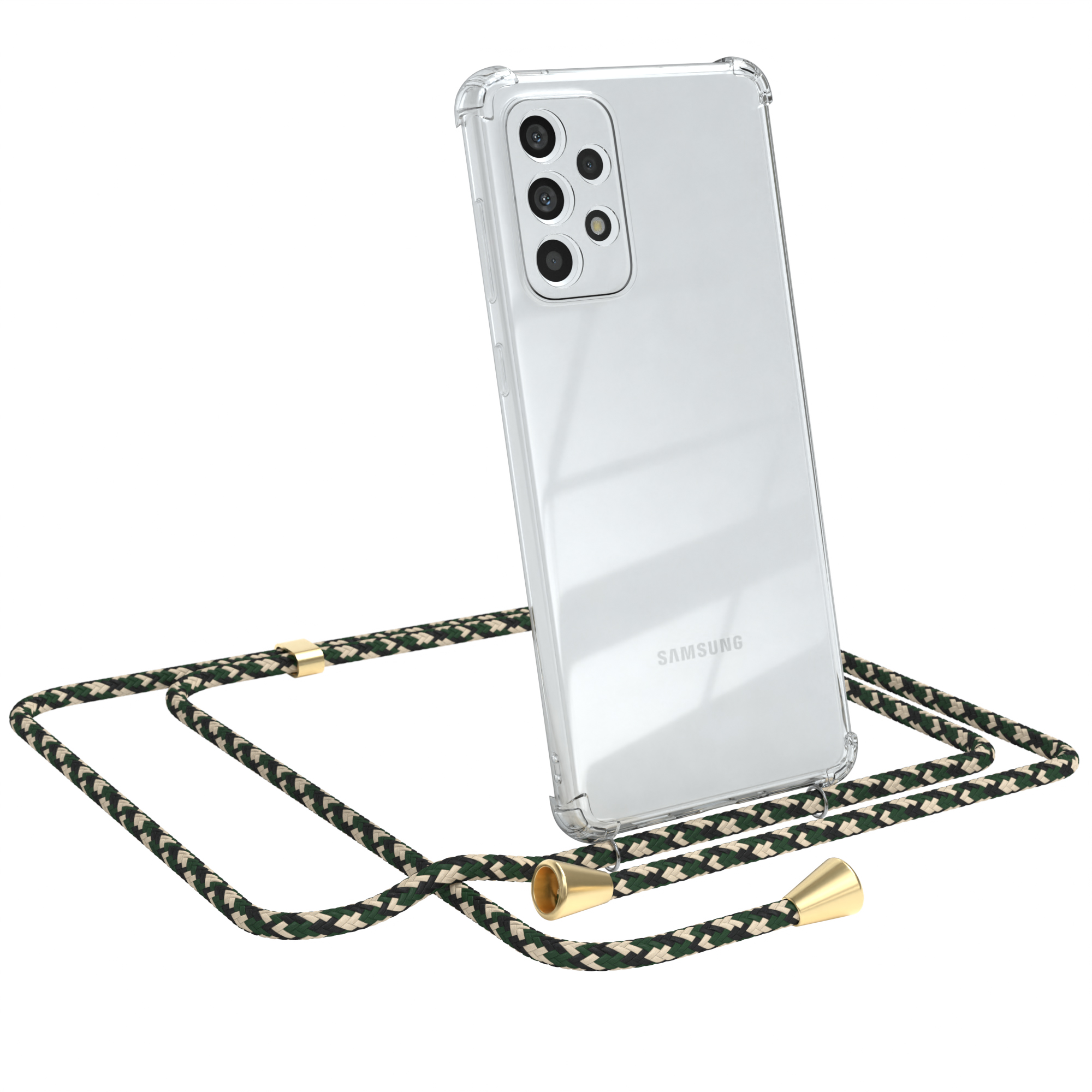 Transparente Handyhülle mit grün-weißem Kabel. Das Telefon ist transparent und zeigt: SAMSUNG.