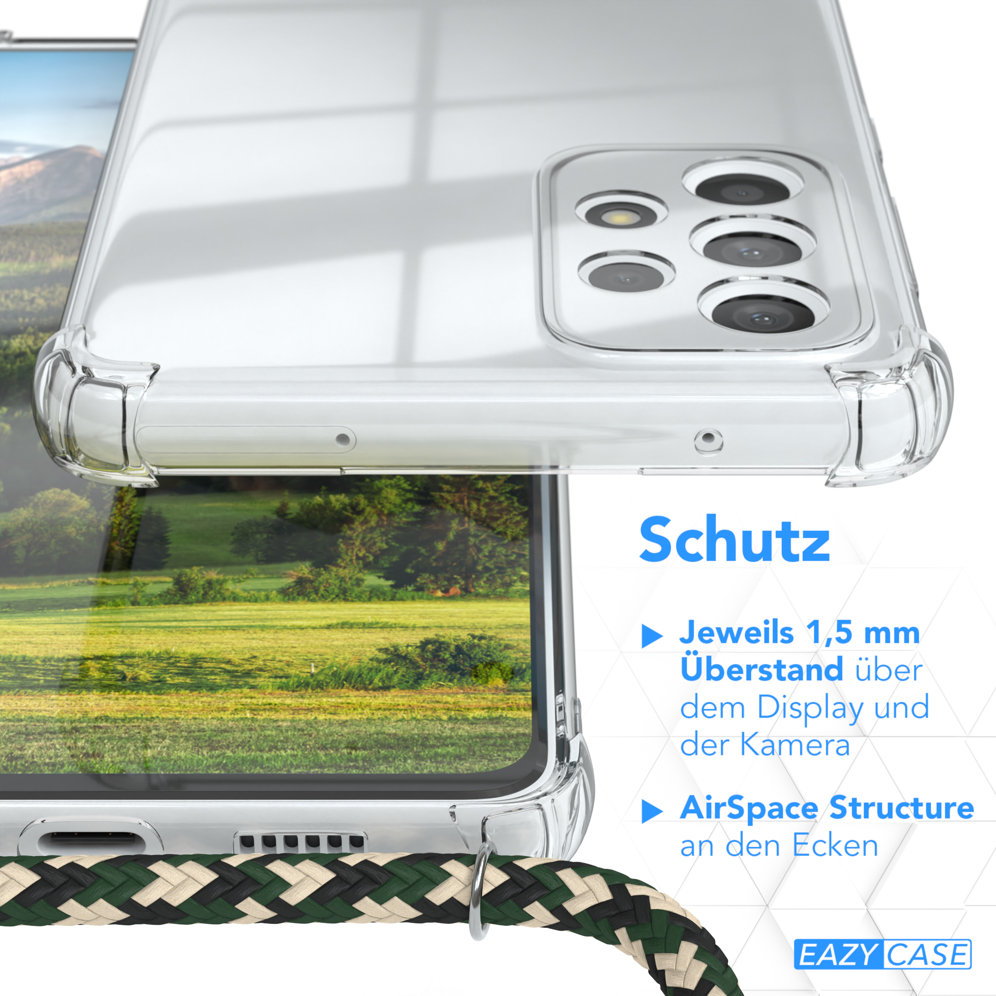 Transparente Handyhülle, Text 'Schutz'. Details: 1,5 mm Displayüberstand und AirSpace Structure an den Ecken.
