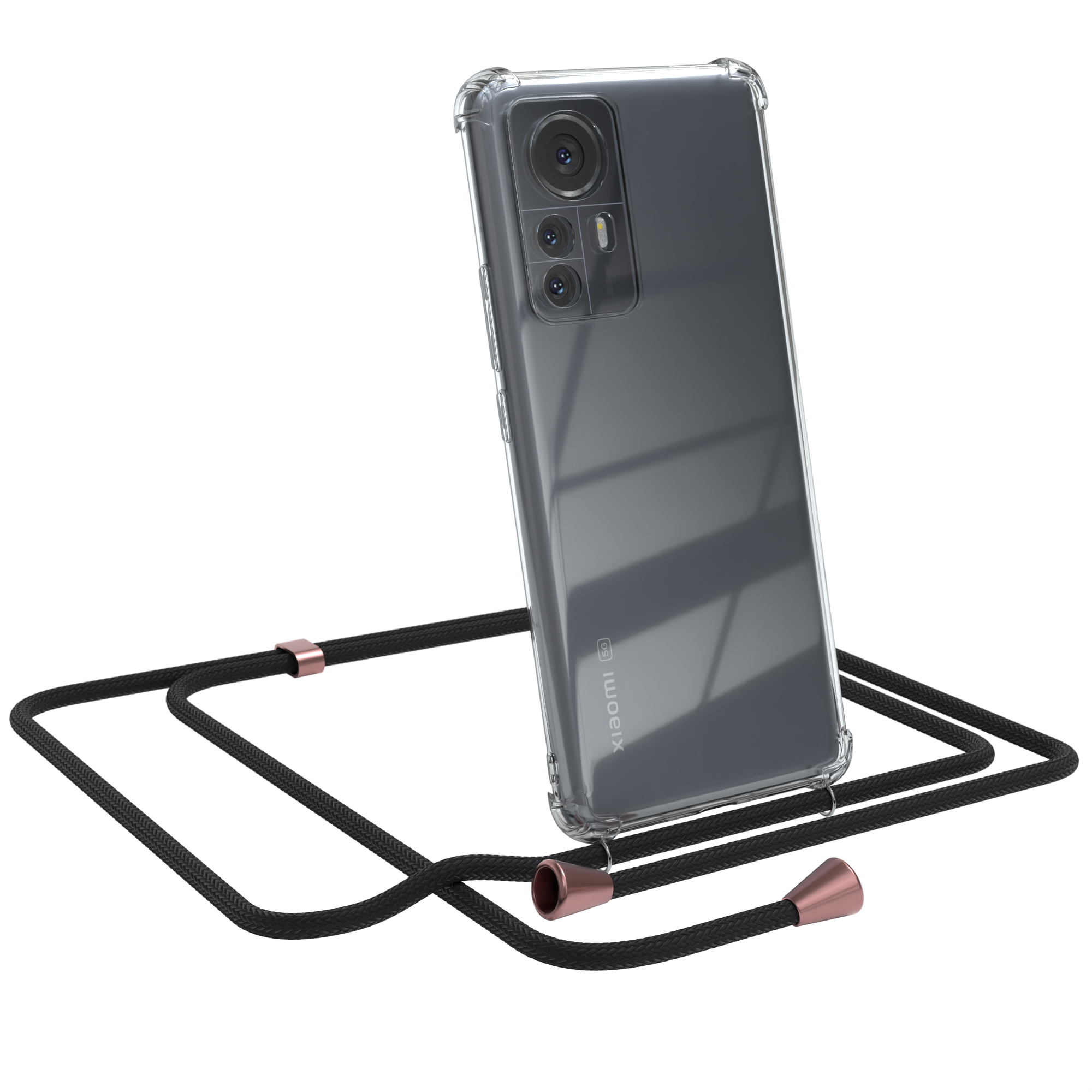 Telefon in klarer Hülle mit schwarzem Schlüsselband. Weißer Hintergrund.