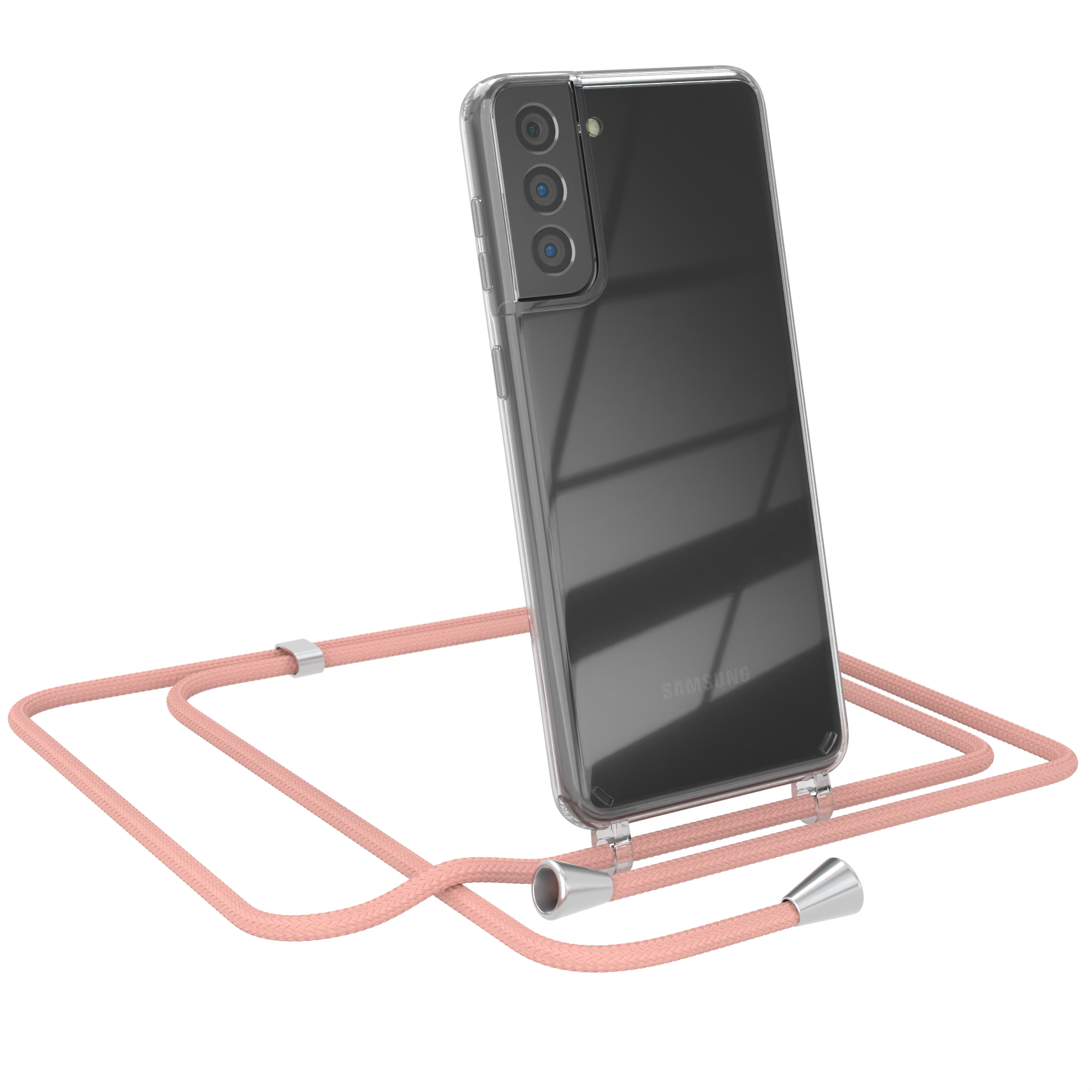 Transparente Handyhülle mit rosa Kordelband. Schwarzes Handy mit 'SAMSUNG'.