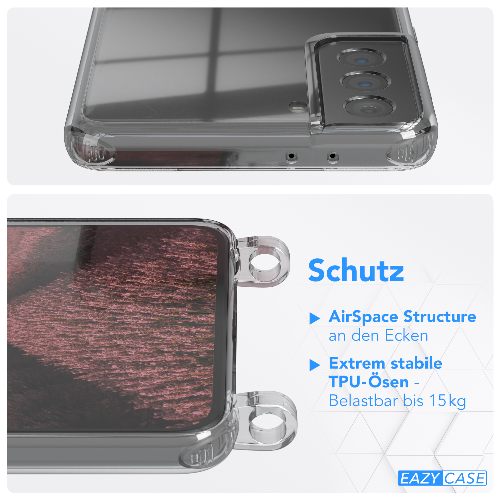 Nahaufnahme einer Handyhülle. Zeigt AirSpace Structure und TPU-Ösen, belastbar bis 15kg.