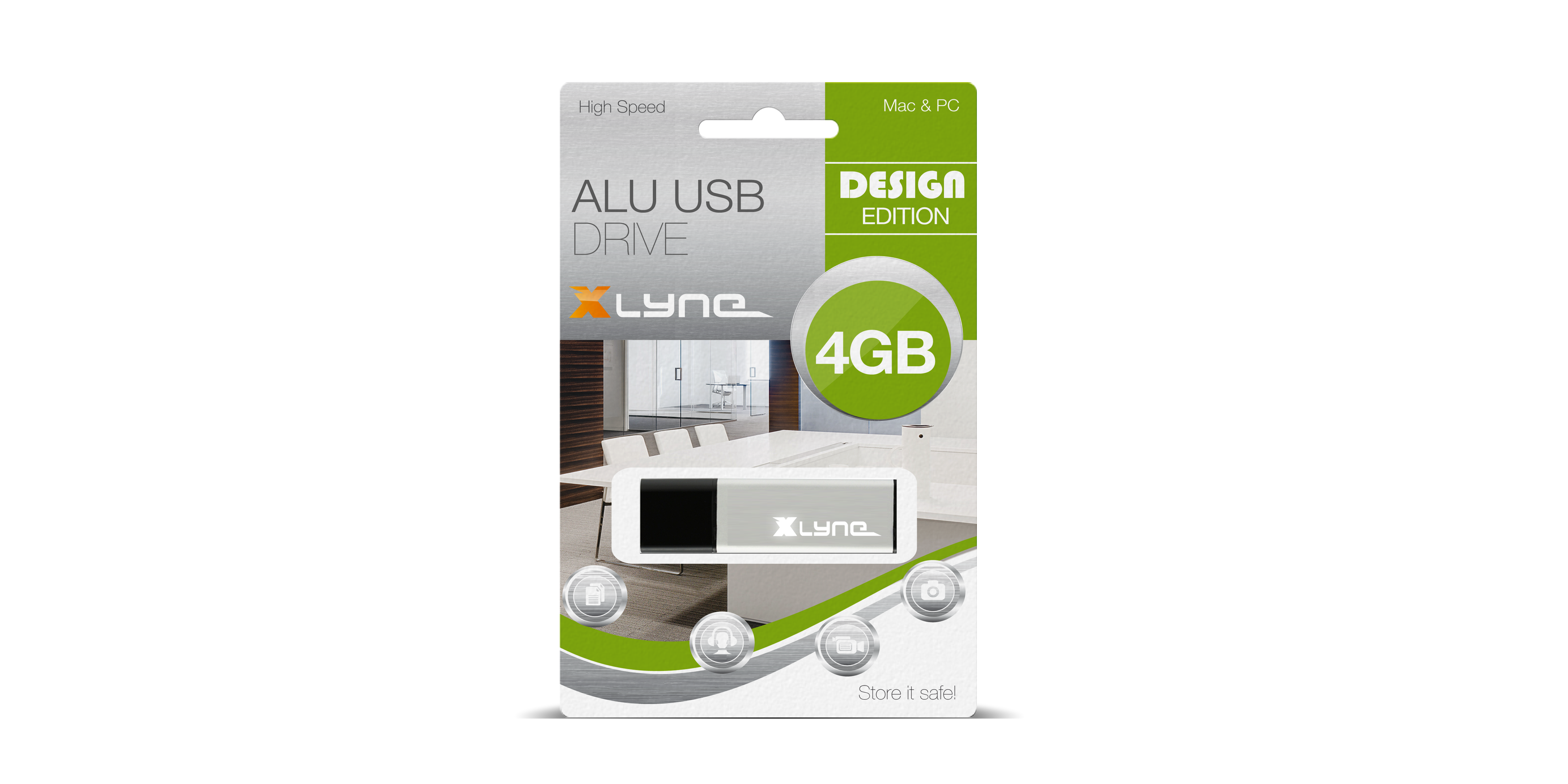 Dysk USB w opakowaniu. Tekst: Alu USB Drive, Design Edition, 4 GB. Tło: wnętrze biura.