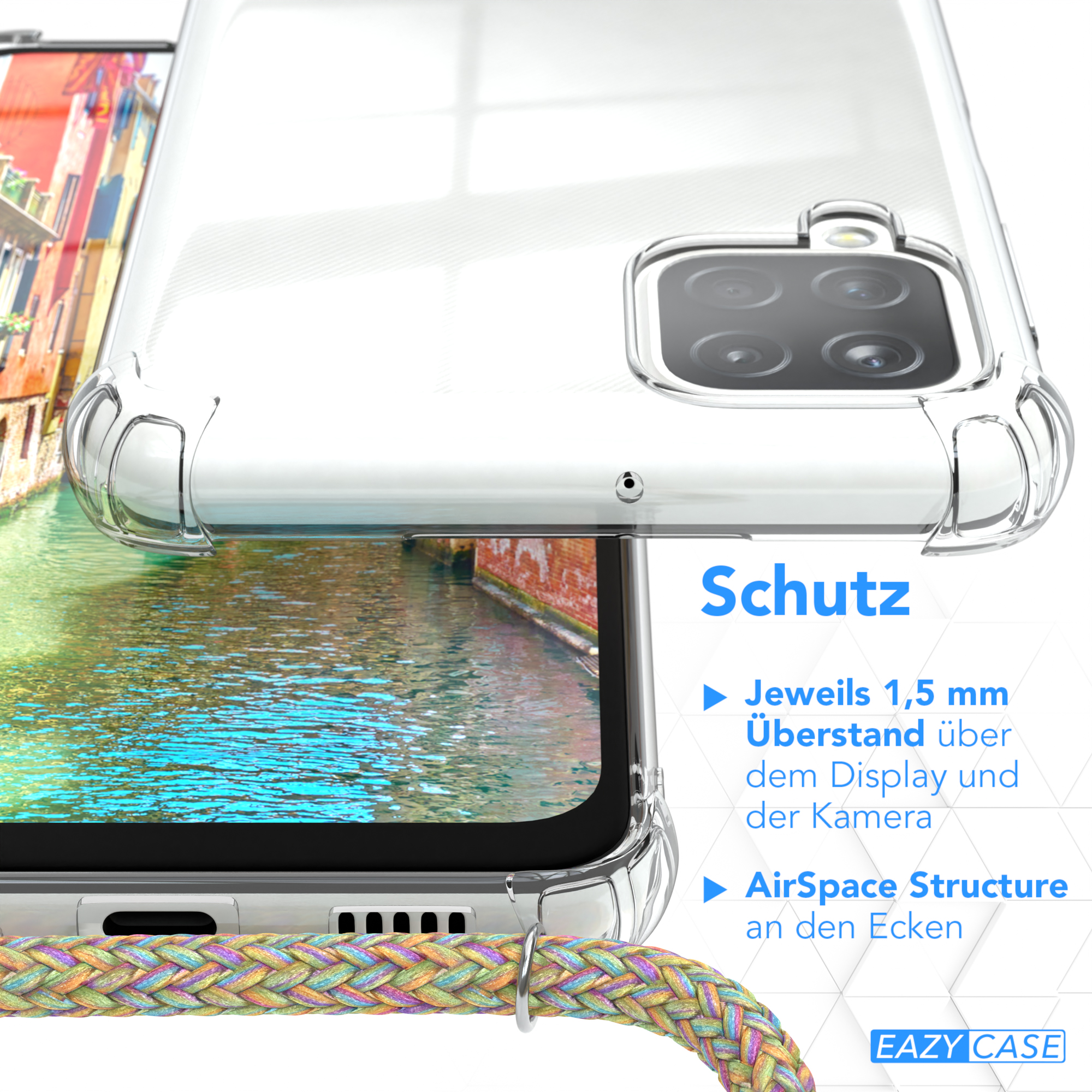 Eine transparente Handyhülle auf weißem Hintergrund. Der Text lautet 'Schutz', mit Merkmalen: 1,5 mm Display- und Kameraschutz.