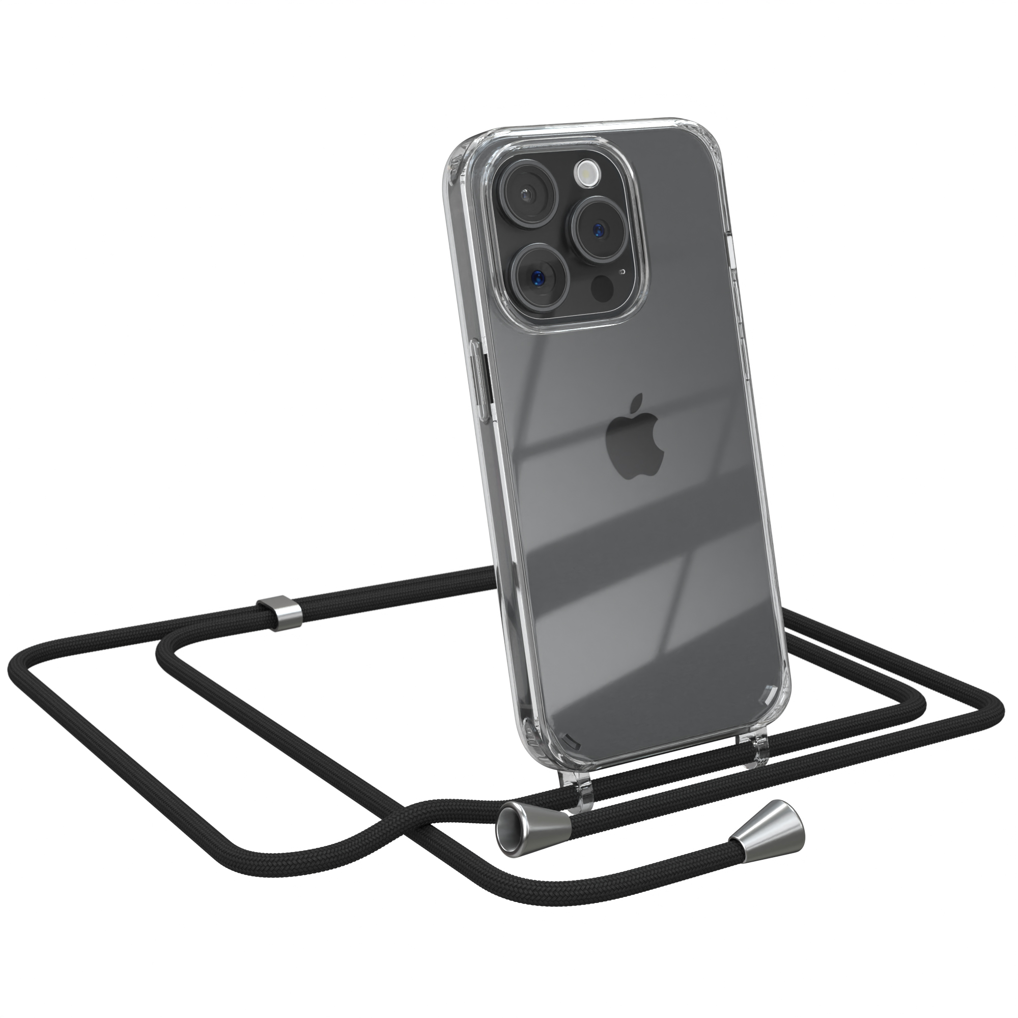 Transparente Handyhülle mit schwarzem Umhängeband. Telefon angewinkelt, Apple-Logo sichtbar. Weißer Hintergrund.