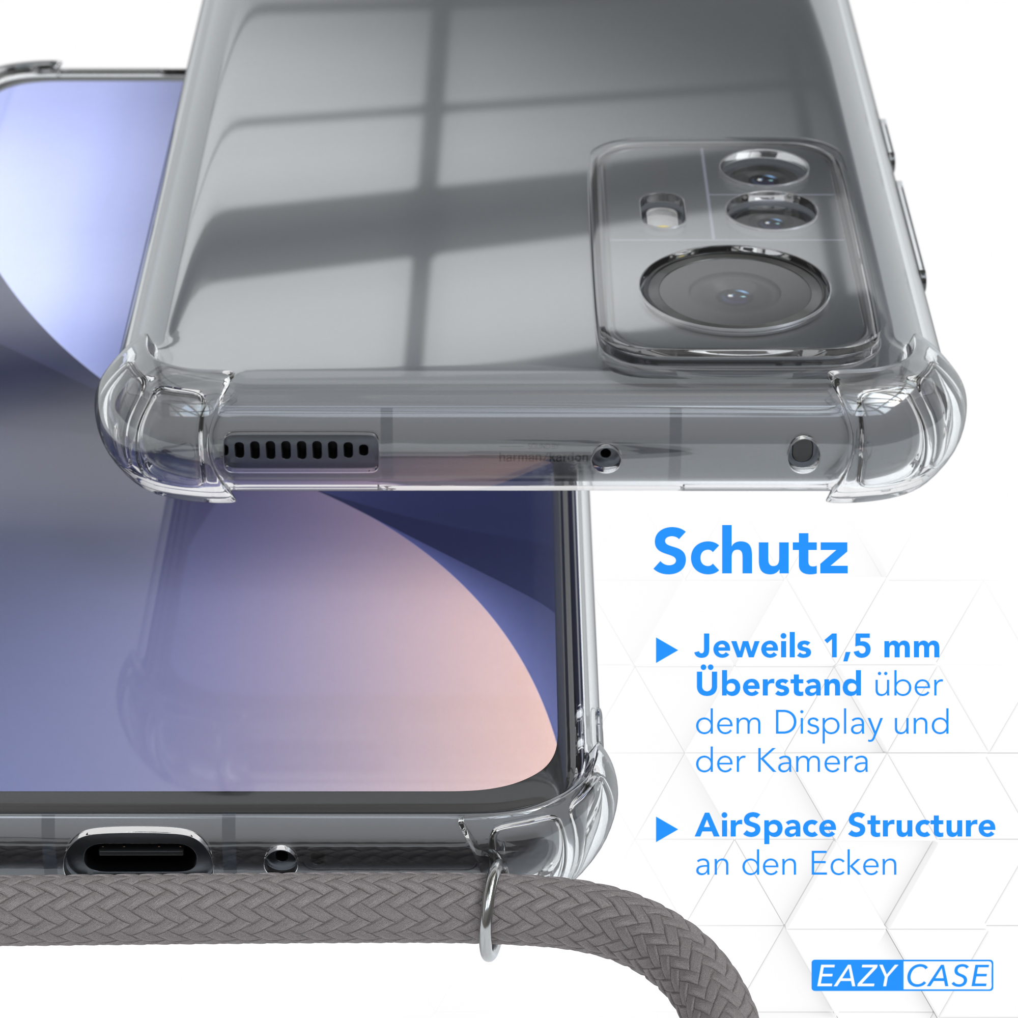 EAZY Cover CASE Grau Silber Clear Clips Xiaomi, Umhängeband, Umhängetasche, mit 12 / 12X, /