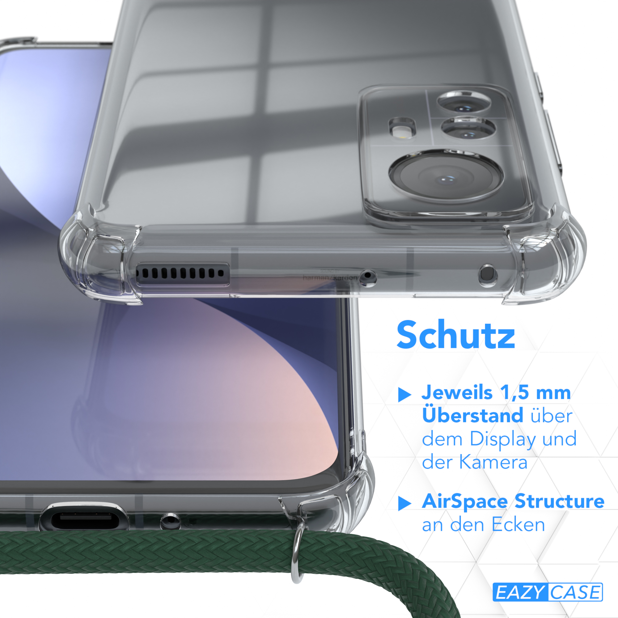 EAZY CASE Clear Xiaomi, Gold mit Umhängeband, Clips / Cover Umhängetasche, 12 Grün / 12X