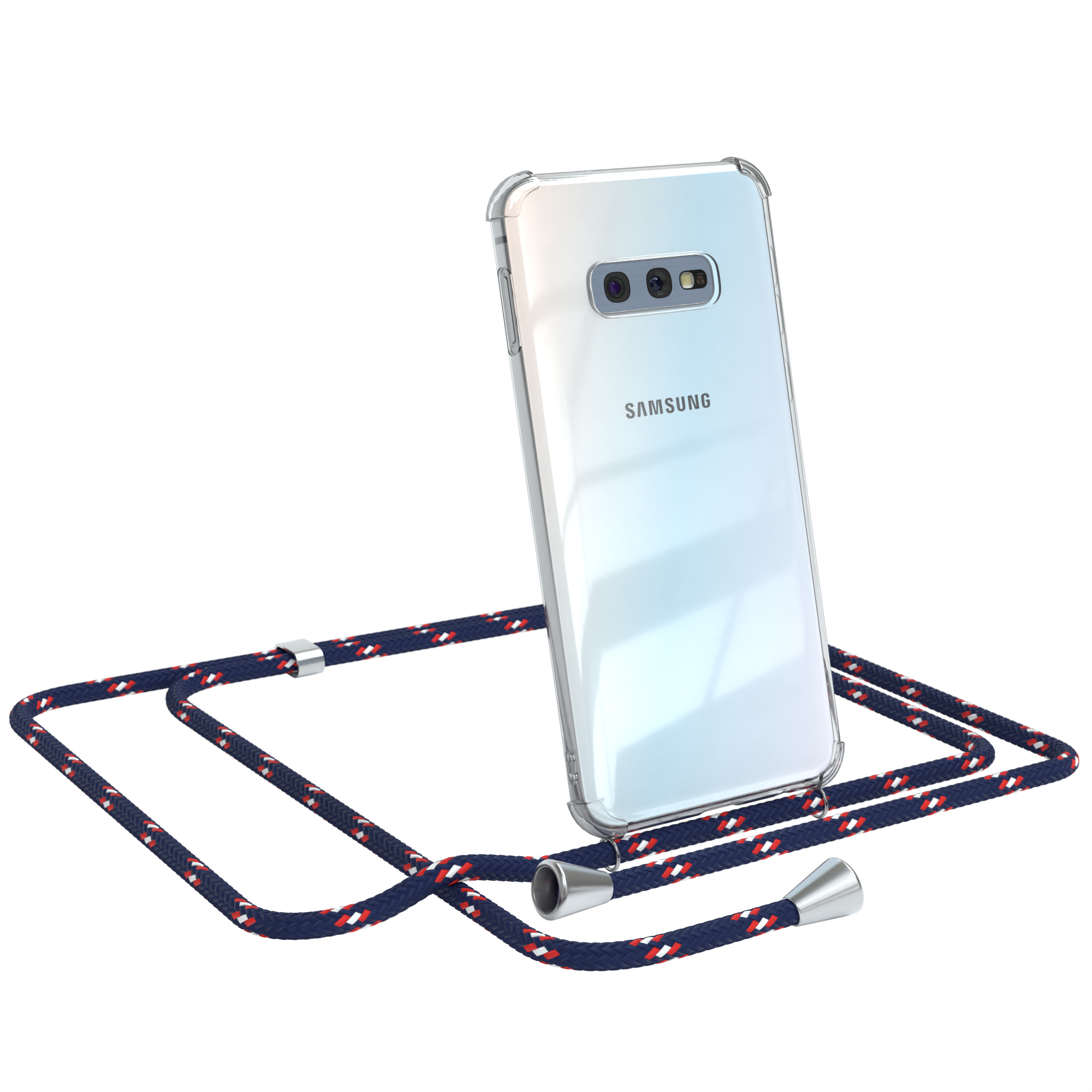 Transparente Handyhülle mit marineblauem und rotem Seilriemen. Samsung-Telefon sichtbar.