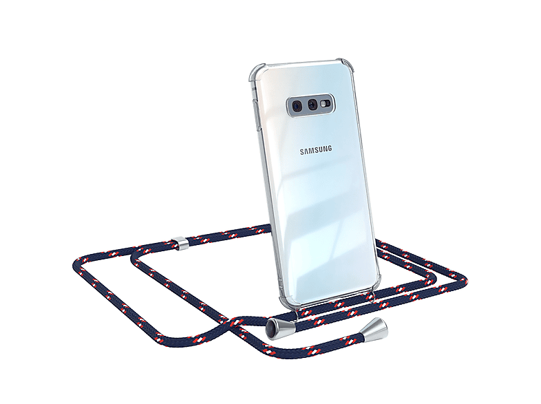 EAZY CASE Clear Cover mit Umhängeband, Umhängetasche, Samsung, Galaxy S10e, Blau Camouflage / Clips Silber