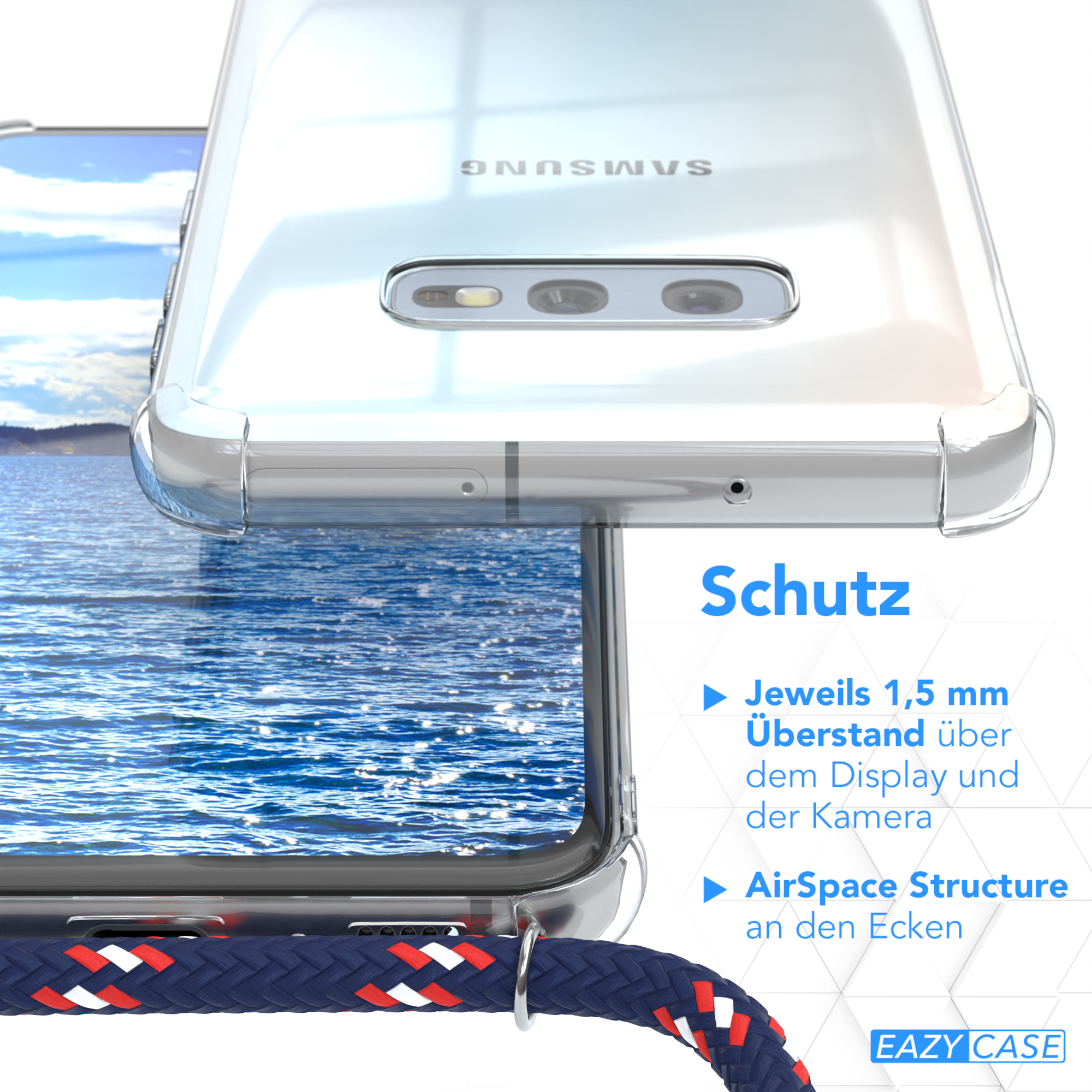 Blau EAZY Samsung, S10e, Camouflage Umhängetasche, Galaxy Clear Silber Clips / Cover Umhängeband, CASE mit