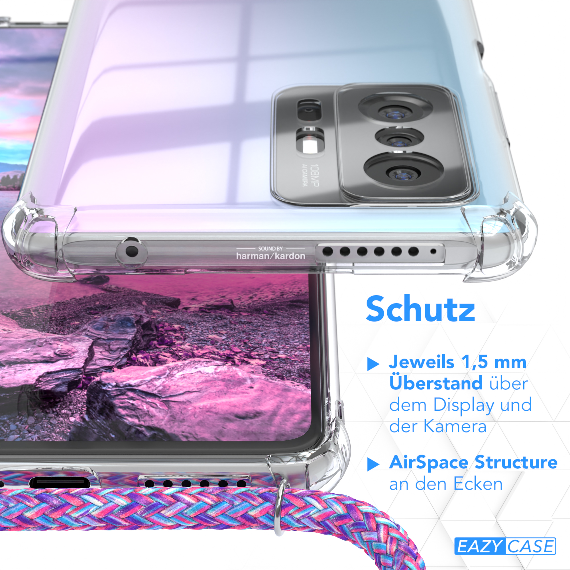 Nahaufnahme einer durchsichtigen Handyhülle über einem Telefon. Details zum Schutz mit deutschem Text.