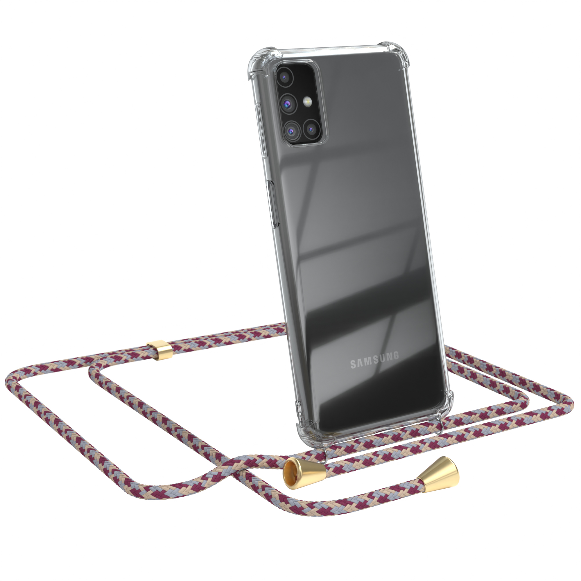 Samsung-Handy in klarer Hülle mit weinrotem Lanyard.