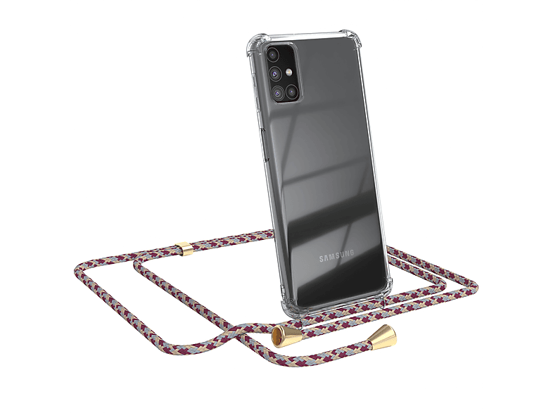 EAZY CASE Clear Cover mit Umhängeband, Umhängetasche, Samsung, Galaxy M31s, Rot Beige Camouflage / Clips Gold