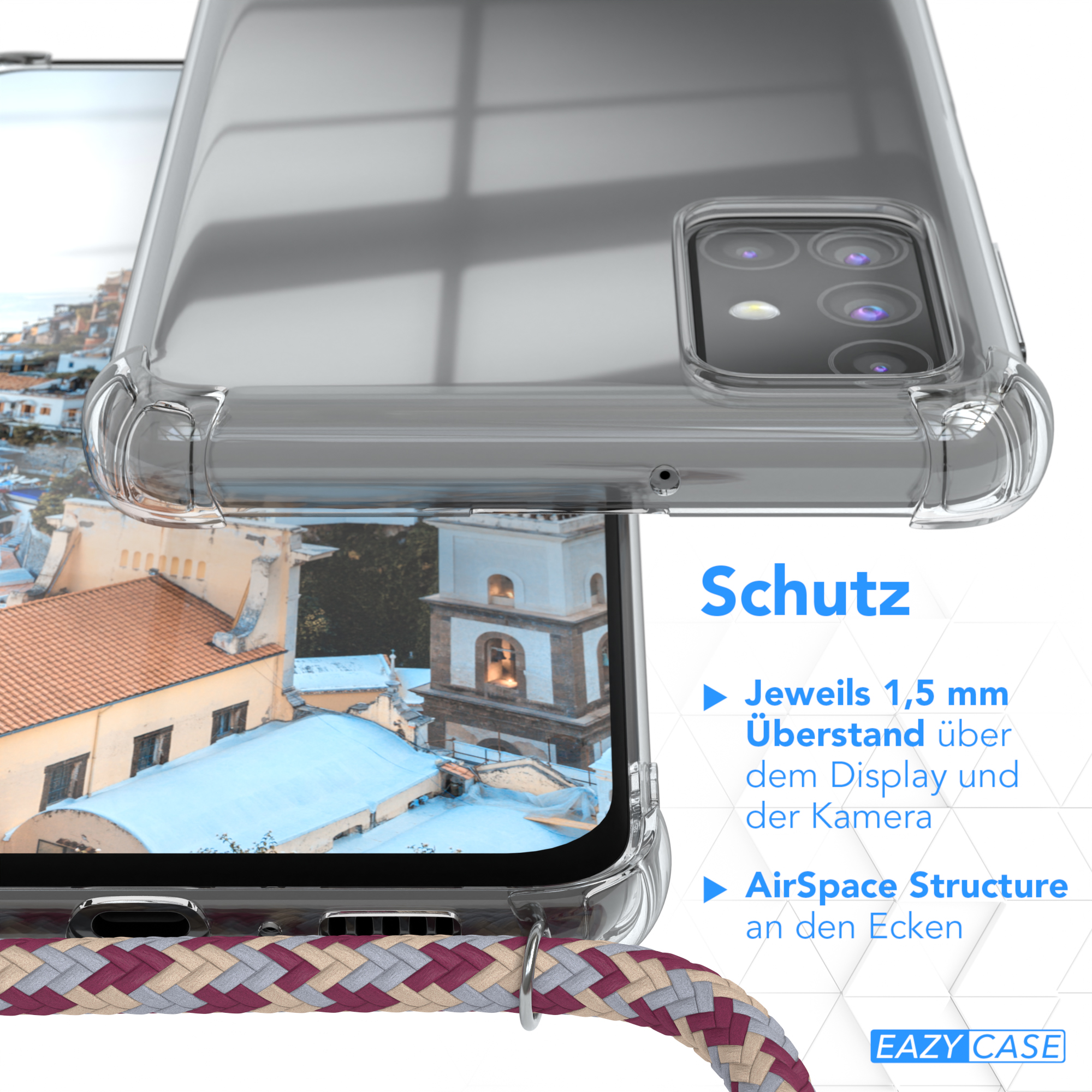 Transparente Handyhülle mit Details. Nahaufnahme zeigt Design und Schutzfunktionen.