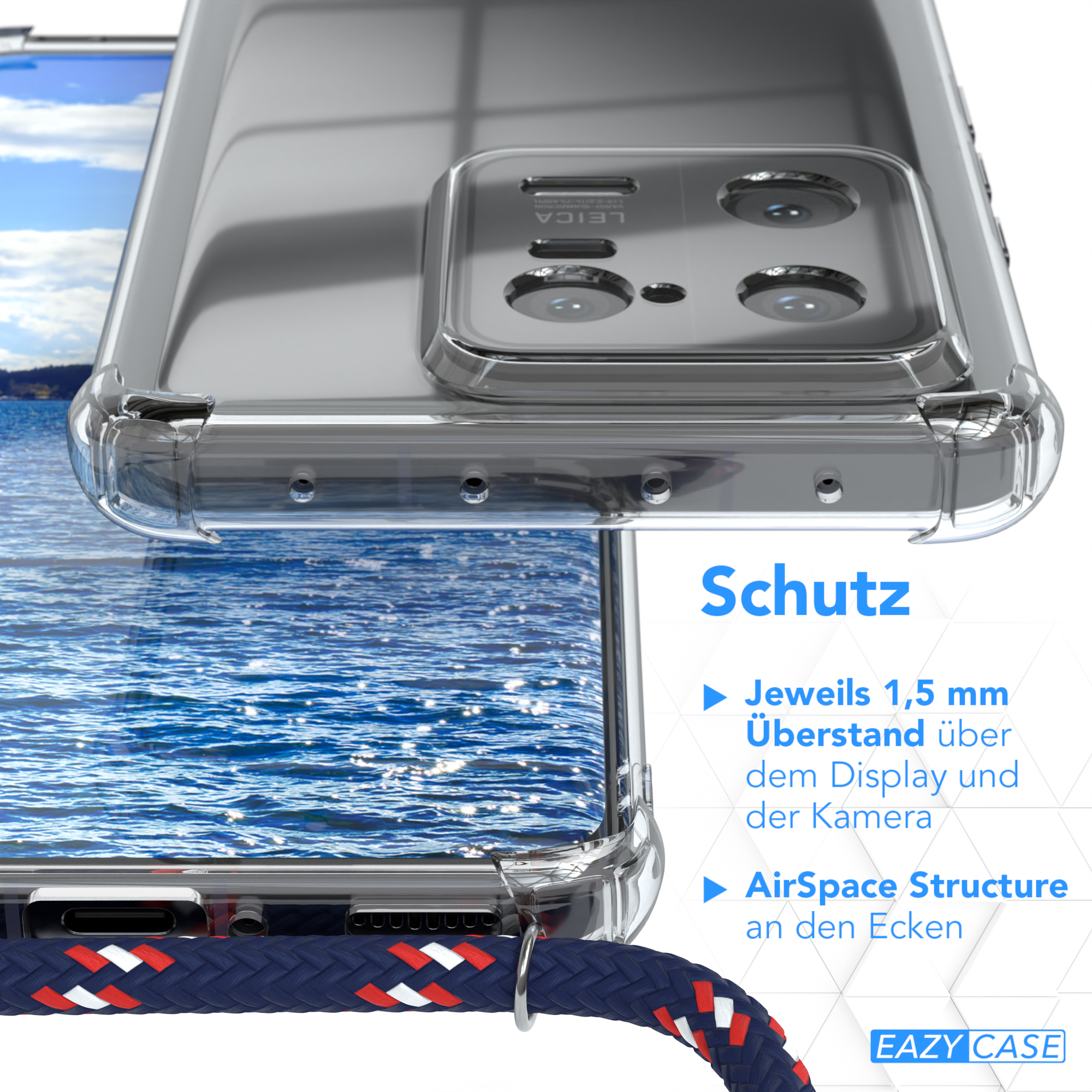 Klare Handyhülle auf einem Handy mit blauem Wasserhintergrund. Text auf dem Bild.