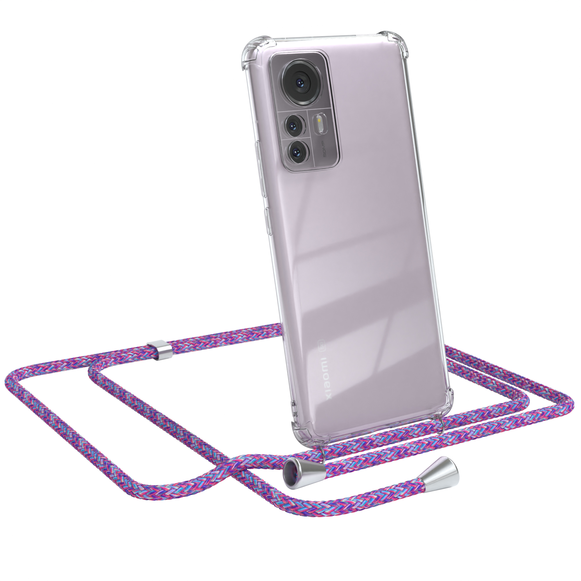 Transparente Handyhülle mit pinkfarbenem Band. Ein Xiaomi-Telefon ist darin. Silberne Akzente an den Enden.