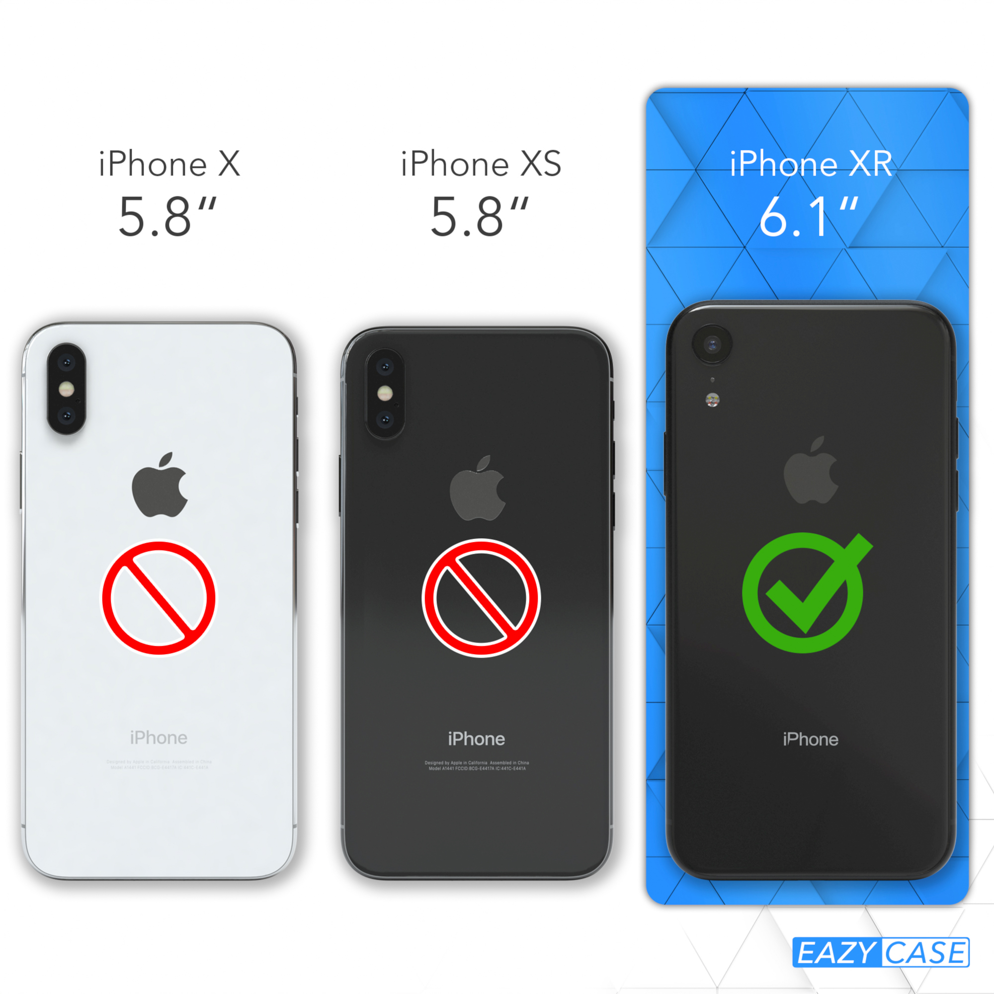 Vergleich von iPhone XR, XS und X. XR hat ein grünes Häkchen, andere ein rotes Verbotszeichen.