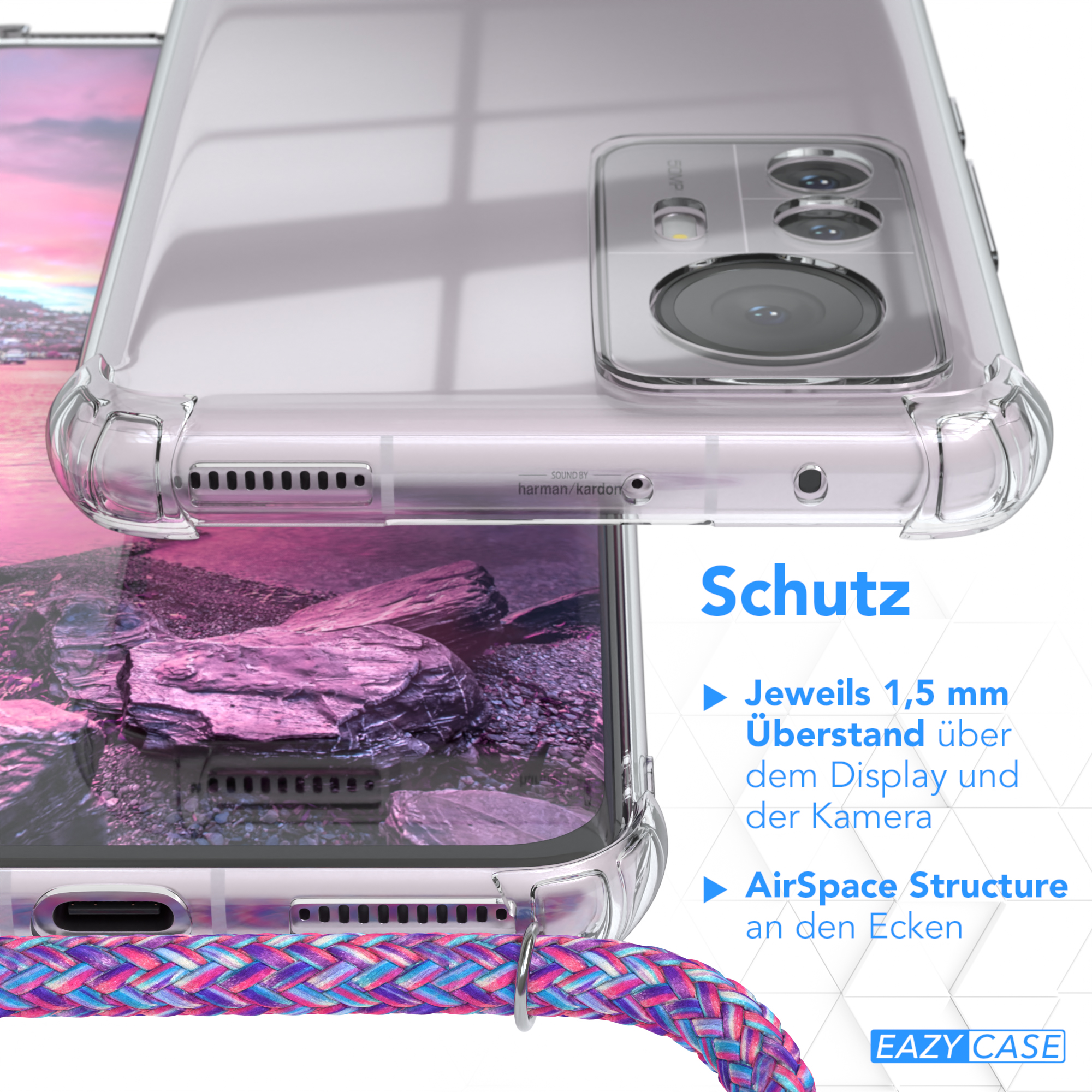 Transparente Handyhülle mit farbenfrohem Lanyard. Nahaufnahme mit Text.
