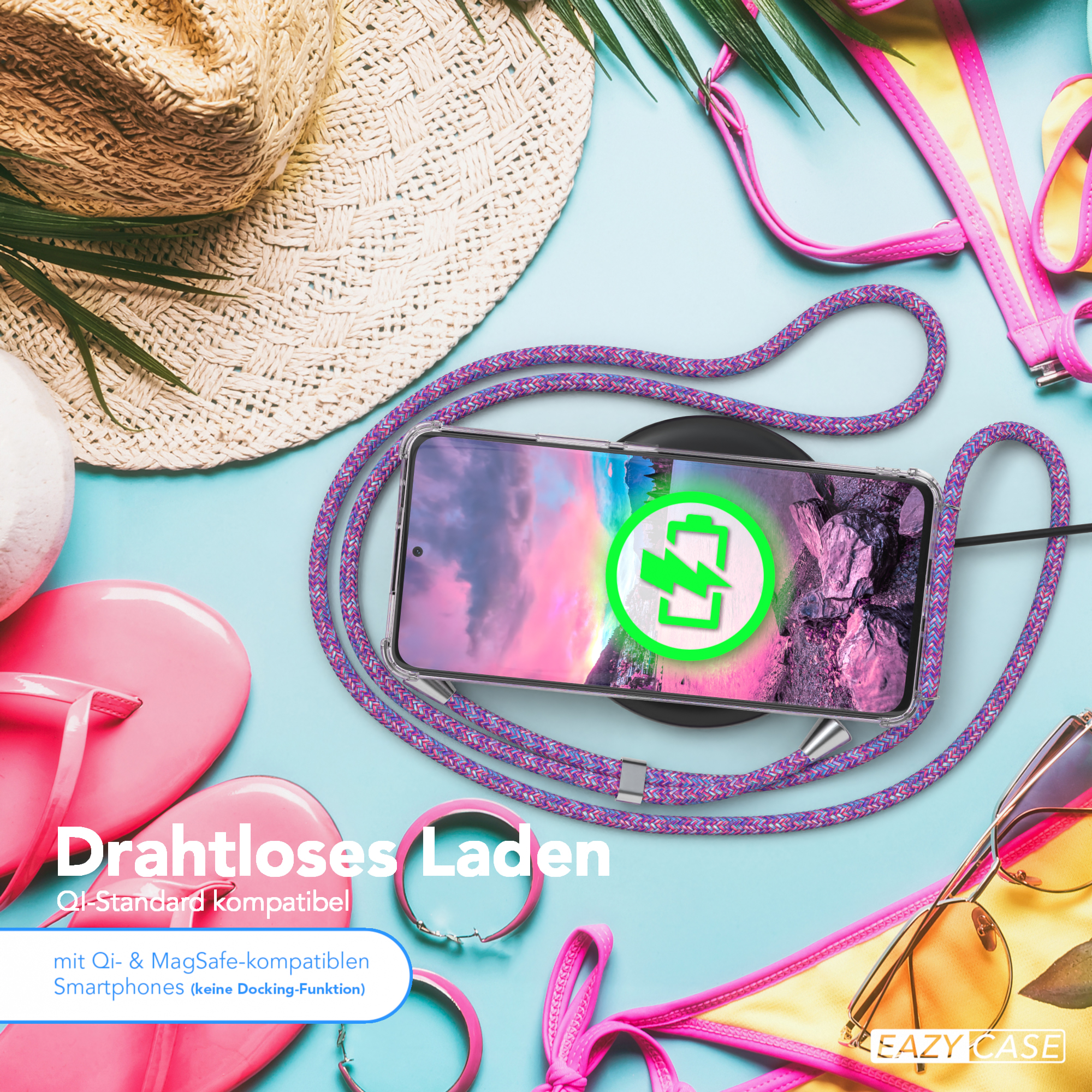 Telefon auf einem kabellosen Ladegerät. Pinke Flip-Flops, Strandszene und Sonnenbrille im Hintergrund.
