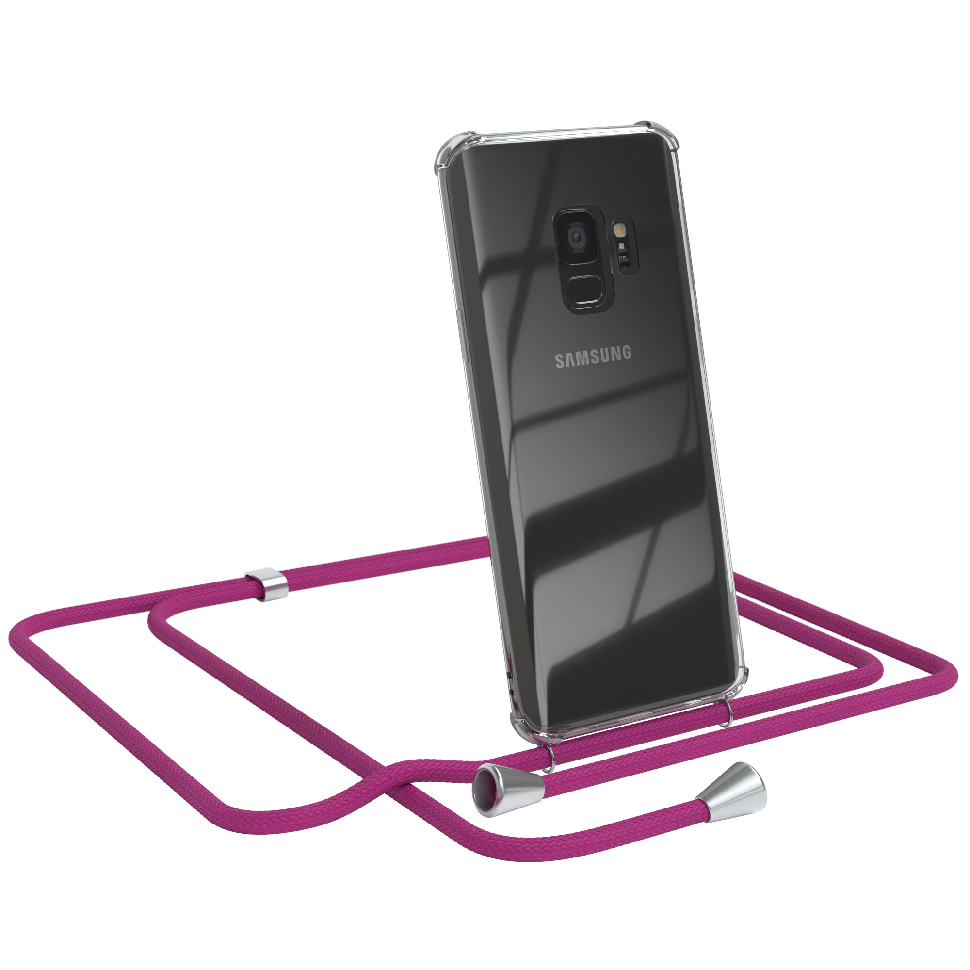 Transparente Handyhülle mit pinkfarbenem Umhängeband. Das Telefon zeigt ein Samsung-Logo.