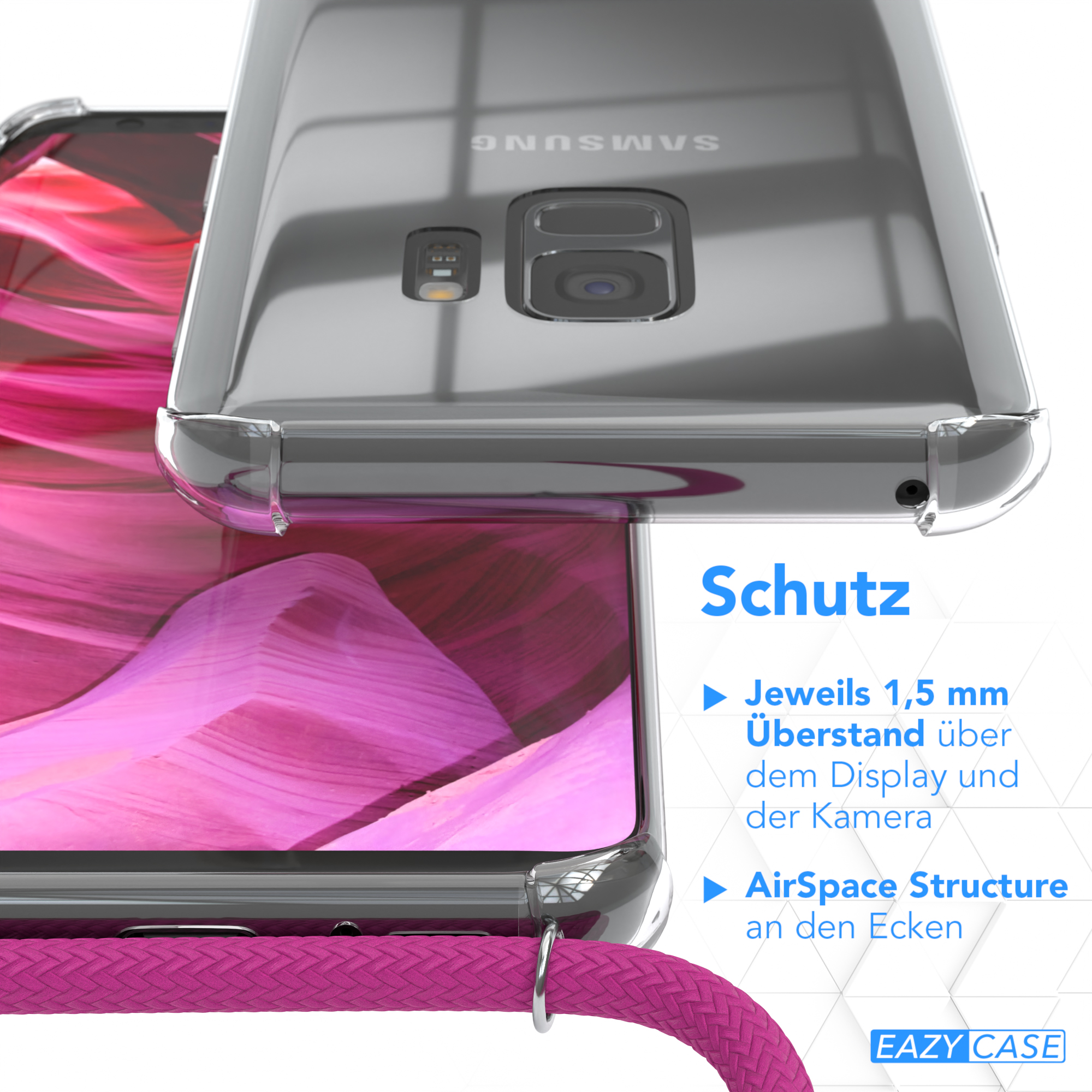 EAZY CASE Clear Galaxy Umhängeband, Samsung, Umhängetasche, Pink / Silber mit Cover S9, Clips