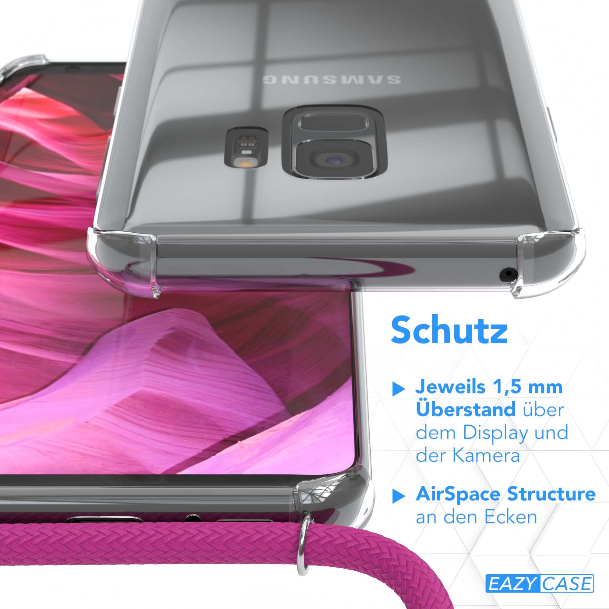 Transparente Handyhülle auf einem Telefon. Die Hülle ist transparent und schützt das Telefon.