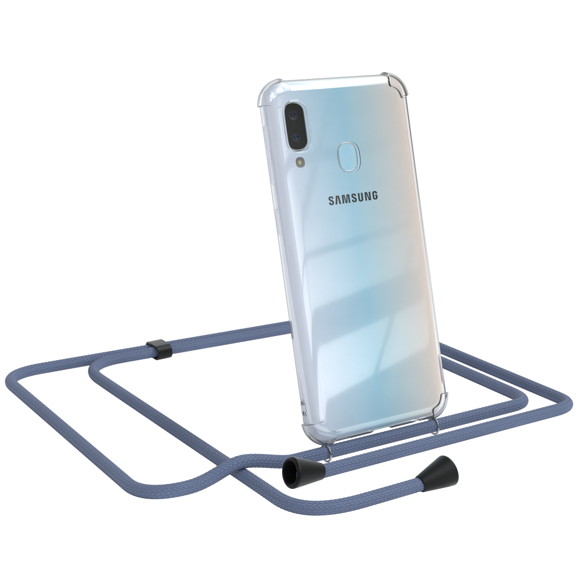 Transparente Handyhülle mit blauem Band. Samsung-Telefon sichtbar. Weißer Hintergrund.