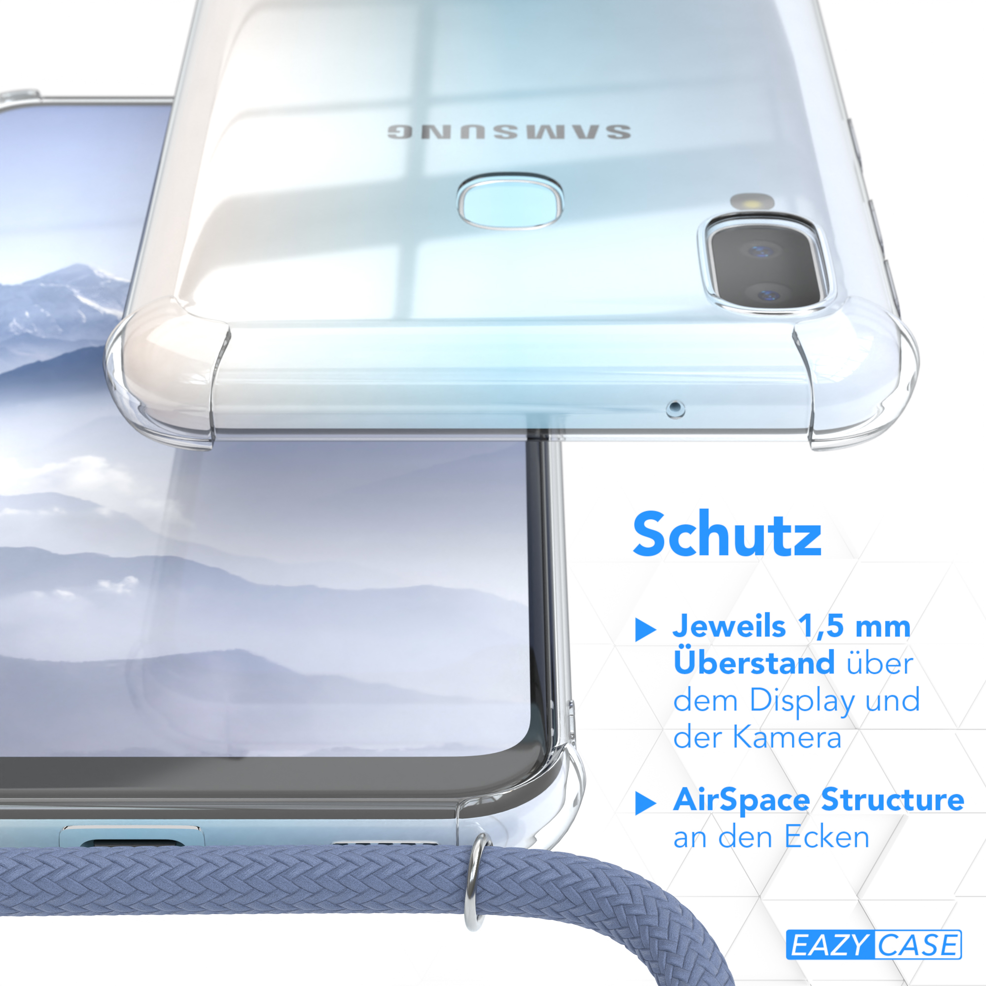 Transparente Handyhülle über einem Telefon. Text deutet Schutzfunktionen mit blauem Riemen an.