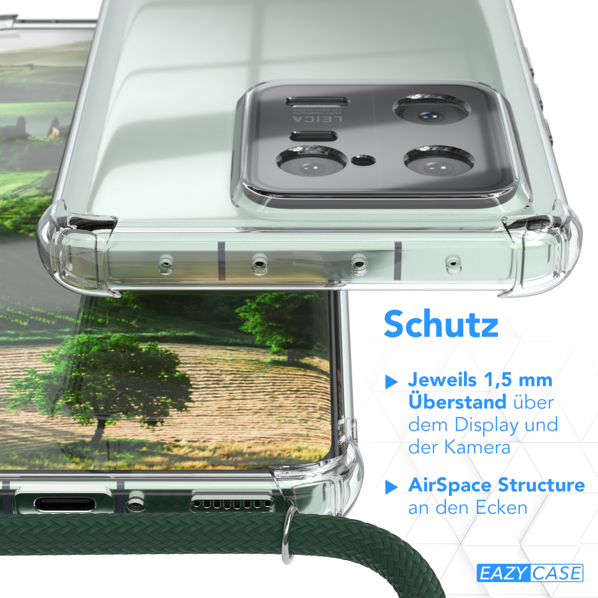 Eine Handyhülle mit grünem Riemen, mit Text über Schutzfunktionen.