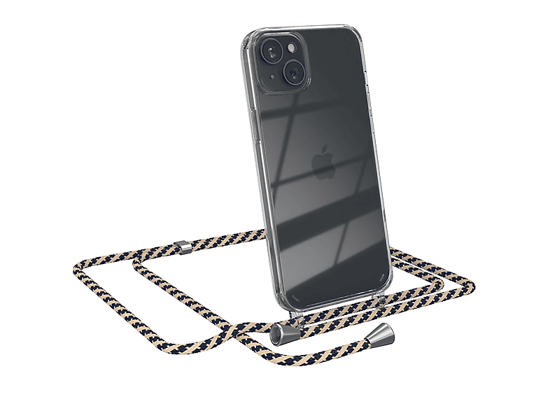EAZY CASE Clear Cover mit Umhängeband, Umhängetasche, Apple, iPhone 15 Plus, Taupe Camouflage