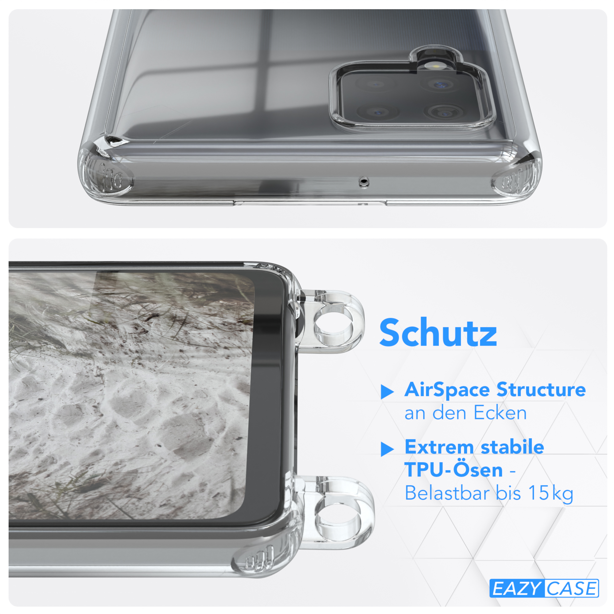 Klare Handyhülle auf einem Telefon, Nahaufnahme. Merkmale: AirSpace Struktur und stabile TPU-Ösen.