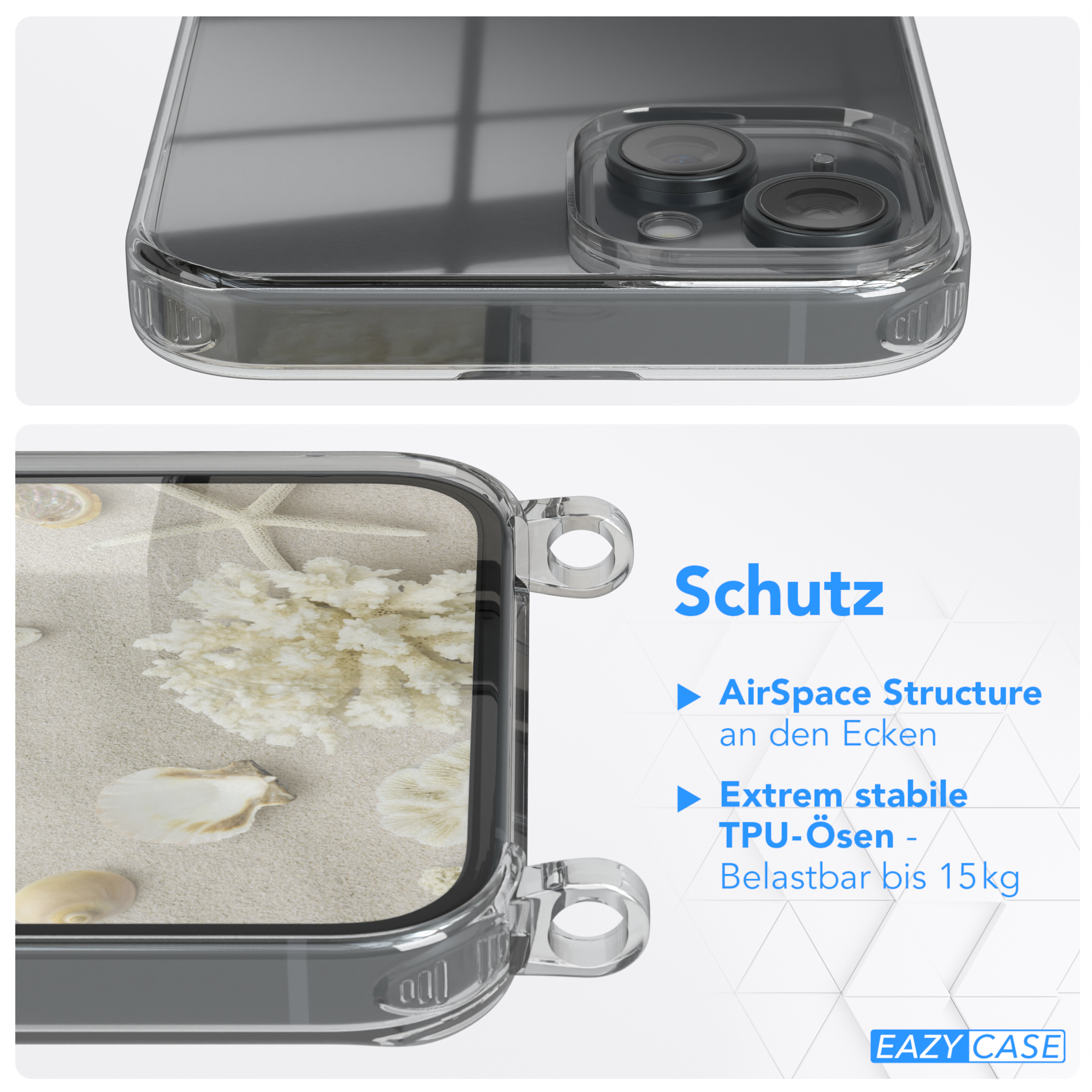 EAZY CASE Clear Cover 15 Umhängetasche, Taupe mit Camouflage Umhängeband, Plus, Apple, iPhone