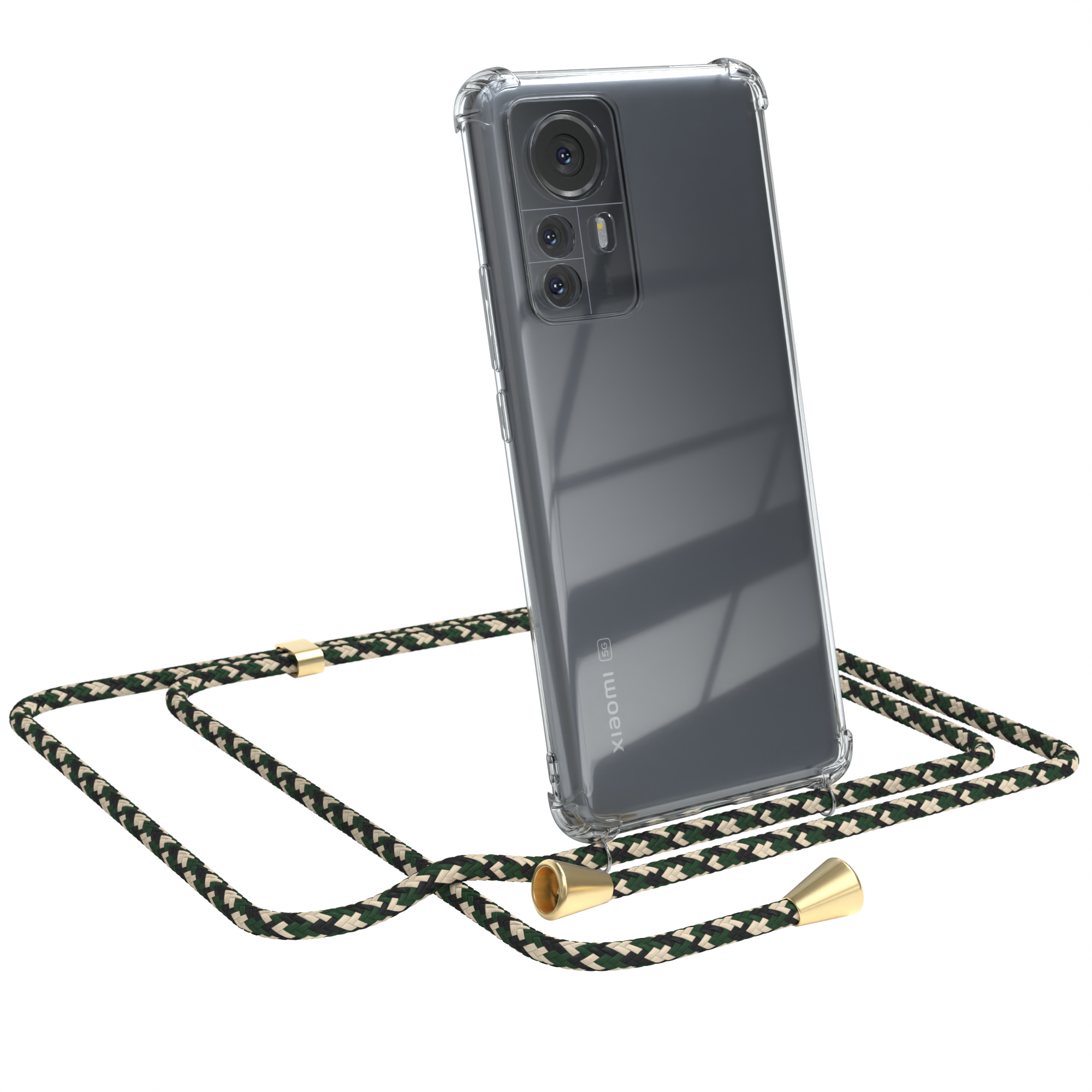 EAZY CASE Clear Cover Camouflage mit Gold Clips Xiaomi, 12 / Grün Umhängeband, Umhängetasche, Pro