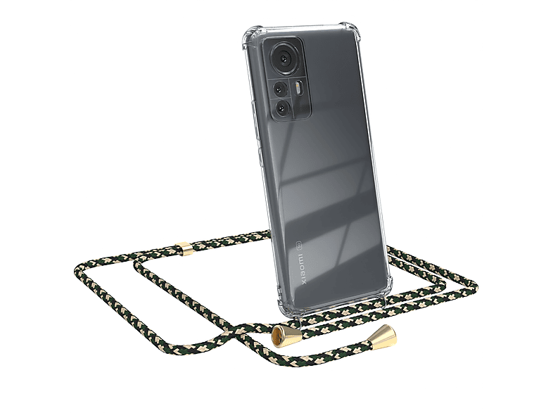 EAZY CASE Clear Cover mit Umhängeband, Umhängetasche, Xiaomi, 12 Pro, Grün Camouflage / Clips Gold