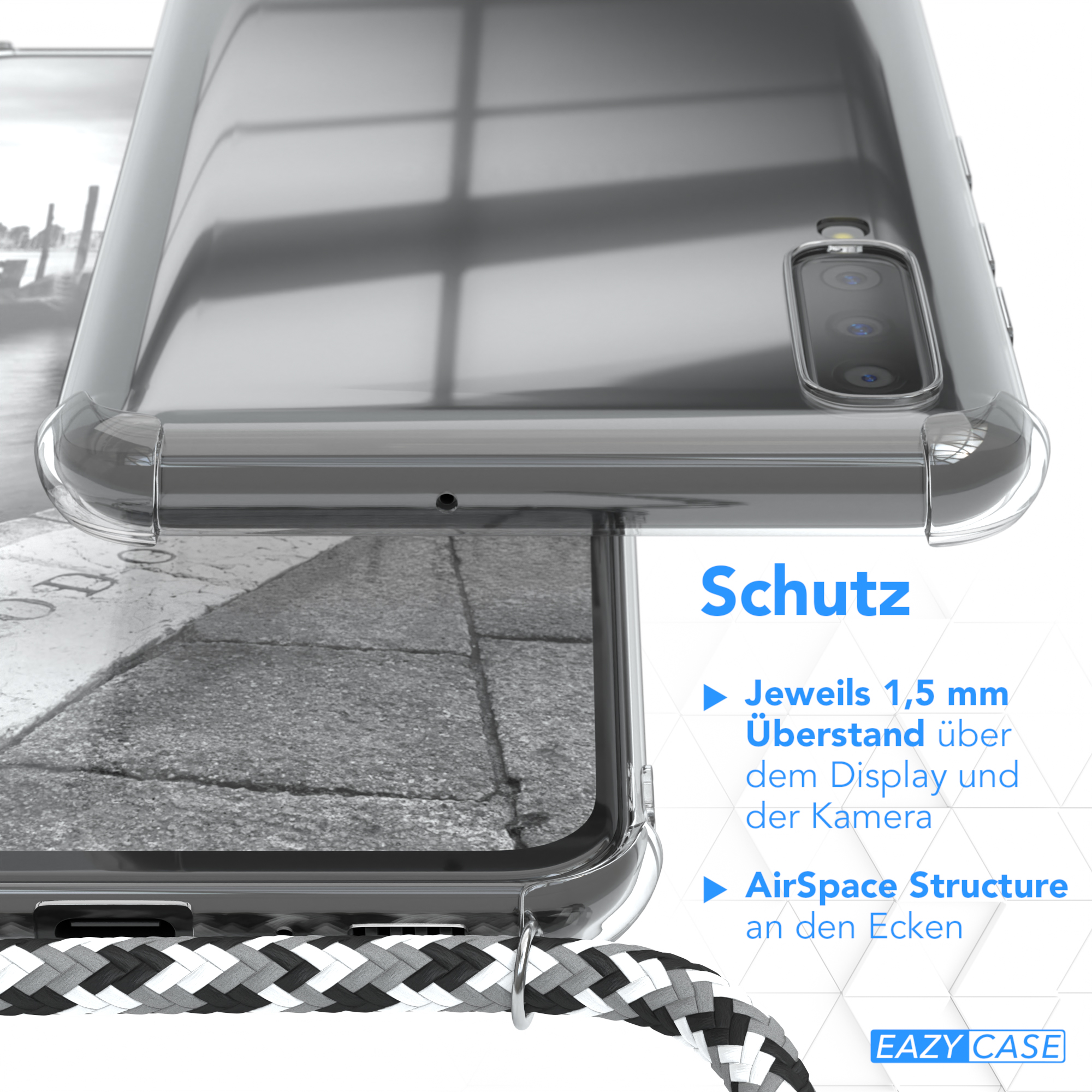 Klare Handyhülle, Nahaufnahme, mit dem Text: Schutz. Zeigt die Kanten und den Kamerabereich des Telefons.