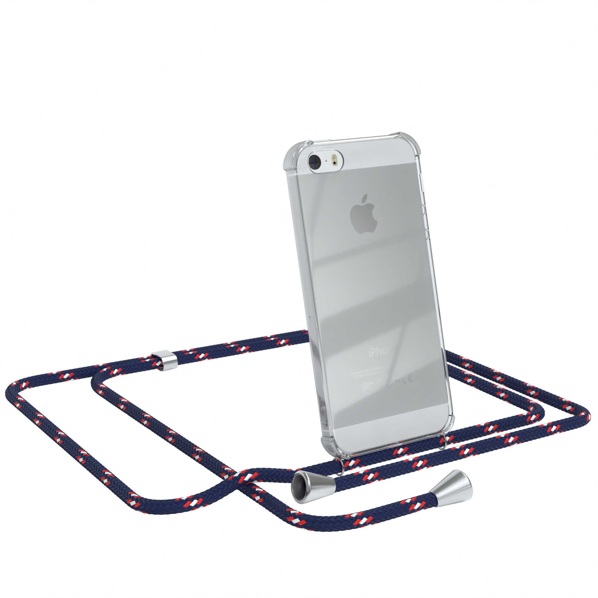 Klares iPhone mit blauem, rotem und weißem Seilriemen.