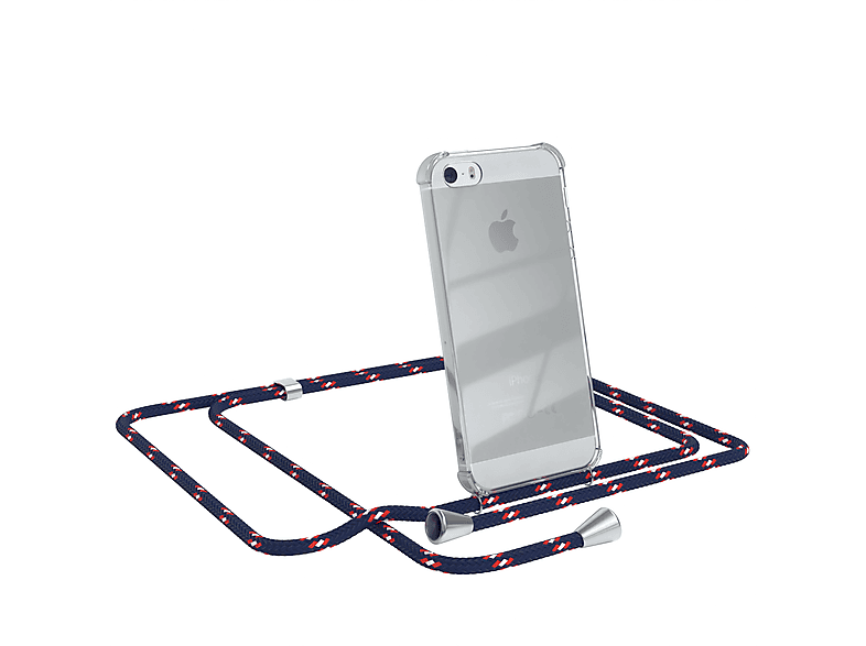 EAZY CASE Clear Cover mit Umhängeband, Umhängetasche, Apple, iPhone SE 2016, iPhone 5 / 5S, Blau Camouflage / Clips Silber | Handyketten