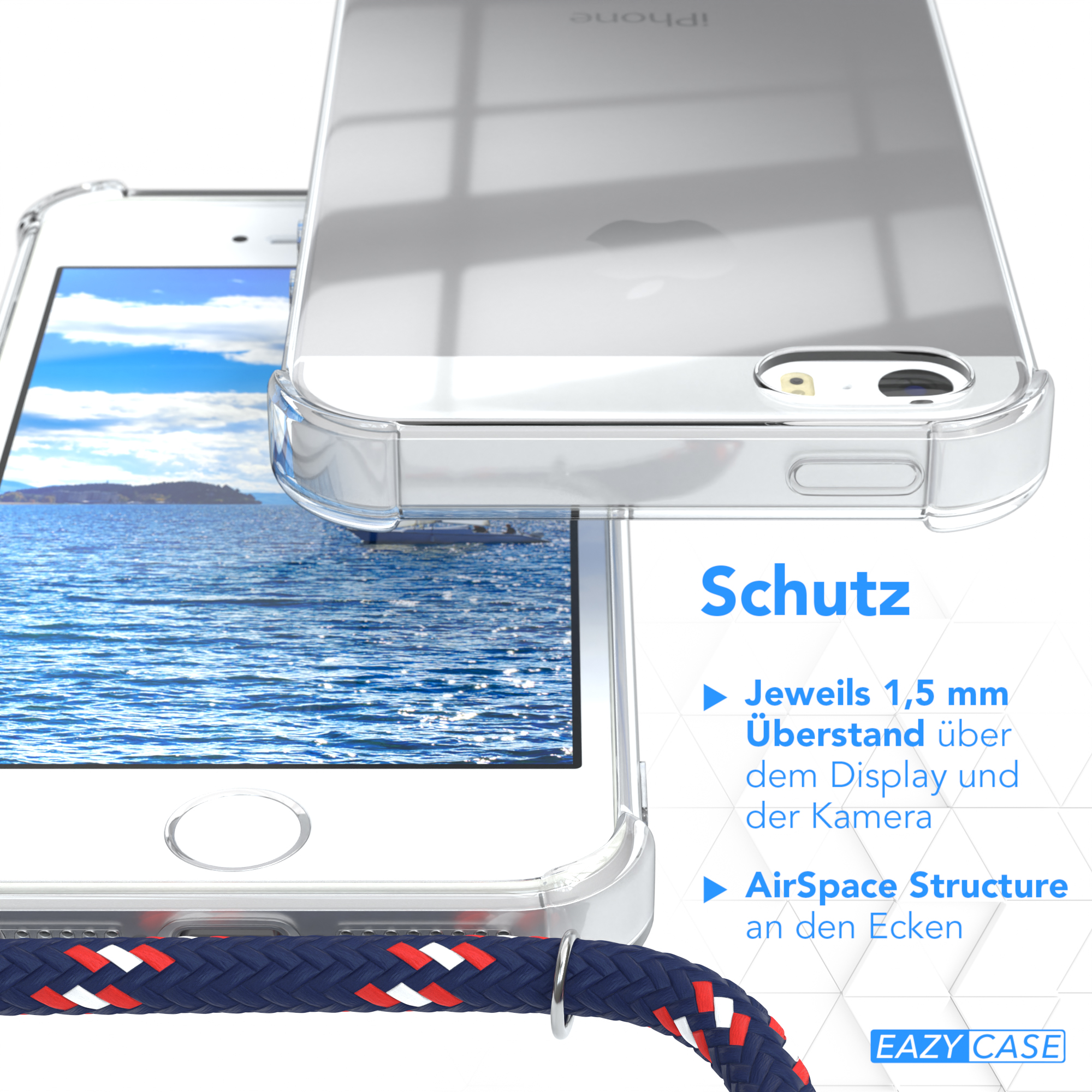 EAZY CASE Clear Cover Umhängetasche, Silber iPhone Blau SE Camouflage 2016, Clips 5 / 5S, mit Umhängeband, iPhone Apple, 