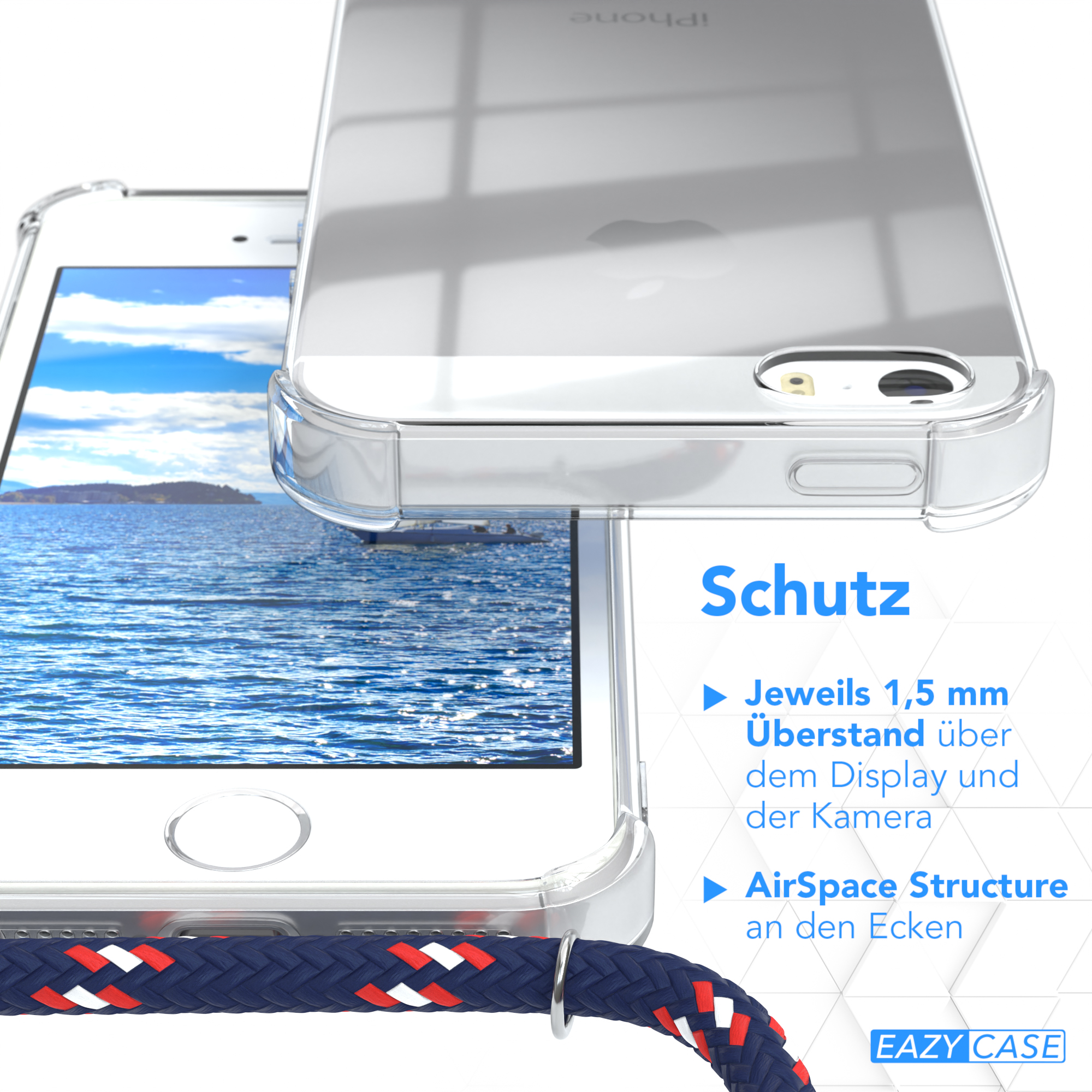 Klare Handyhülle mit Lanyard, ein Telefon ist durch die Hülle sichtbar.