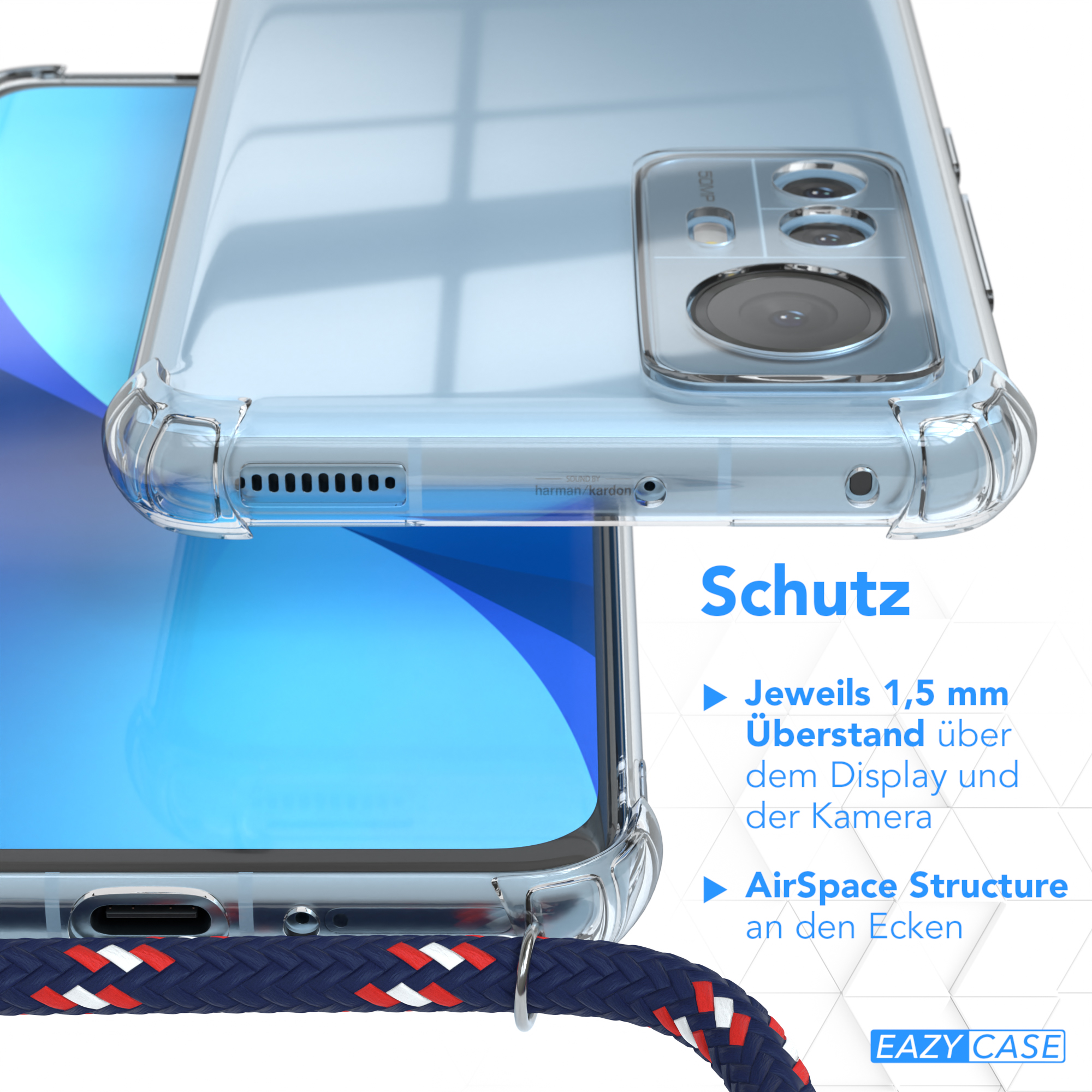 Cover / Clear Xiaomi, Blau Camouflage Silber Umhängeband, EAZY mit Umhängetasche, / 12X, 12 CASE Clips