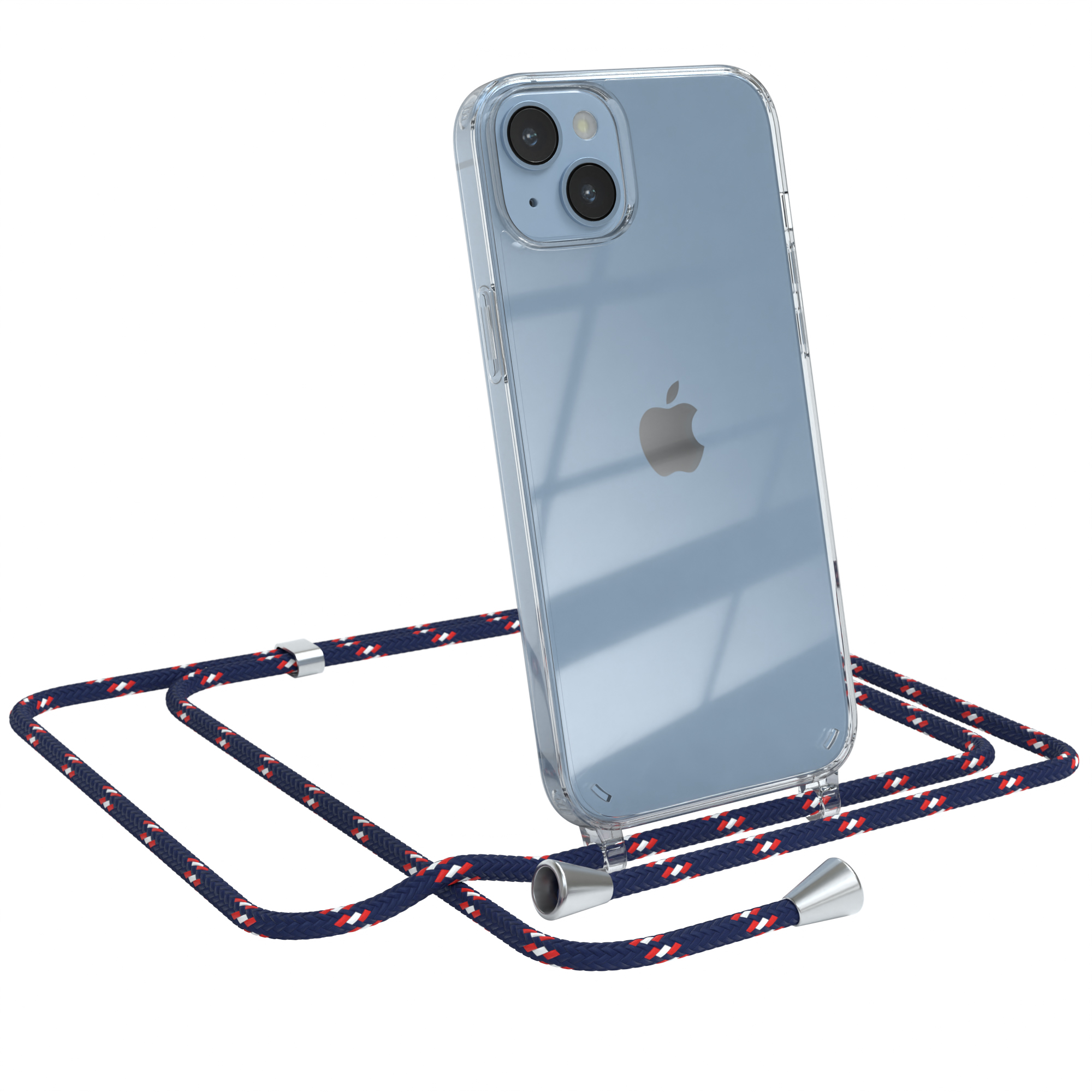 Klare iPhone-Hülle mit blauem Schlüsselband. Telefon steht im Mittelpunkt, weißer Hintergrund.
