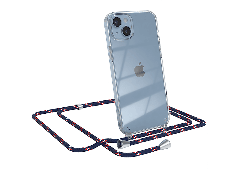 EAZY CASE Clear Cover mit Umhängeband, Umhängetasche, Apple, iPhone 14 Plus, Blau Camouflage / Clips Silber