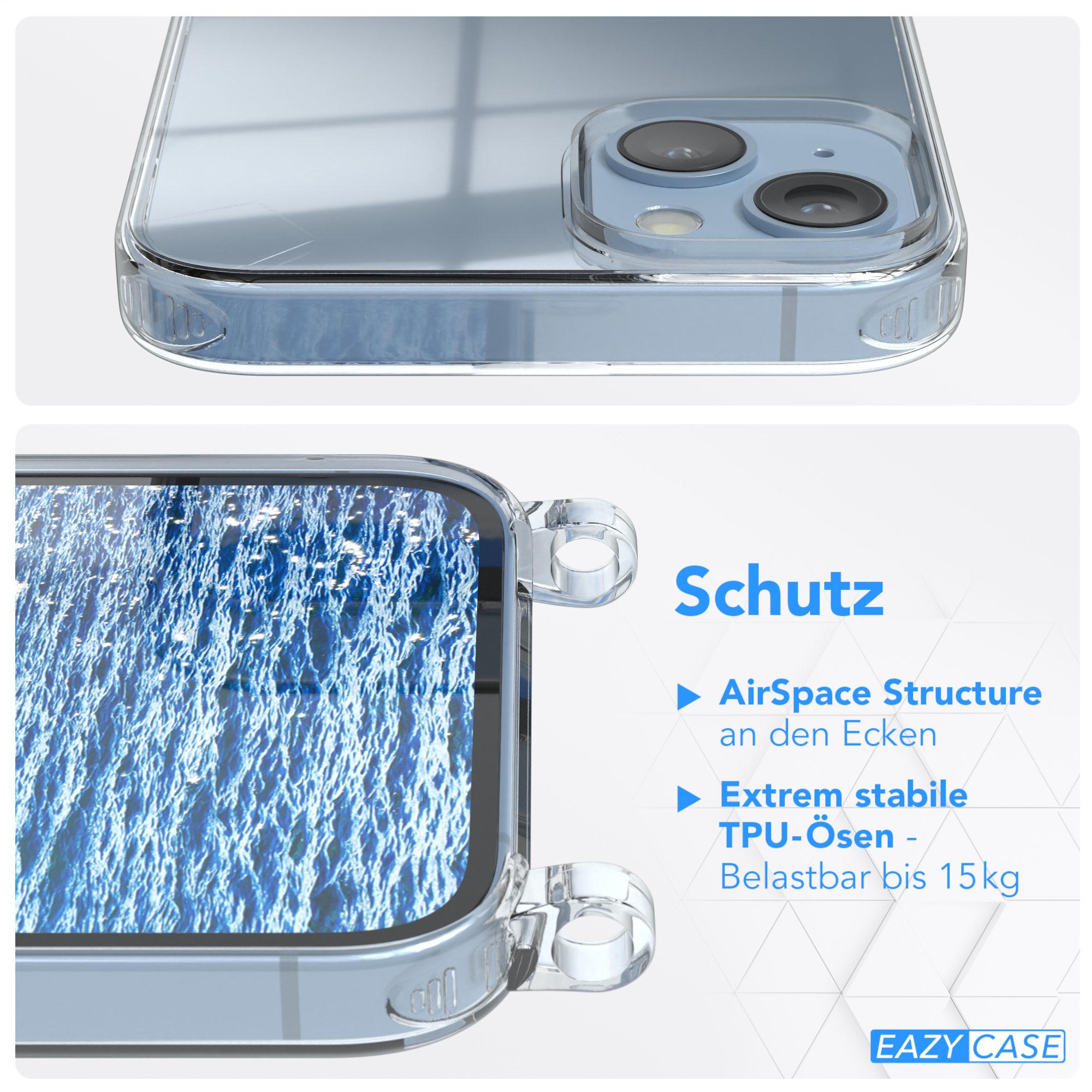 Umhängetasche, Clips mit Camouflage / Blau Clear iPhone Cover Umhängeband, Silber Plus, EAZY 14 CASE Apple,