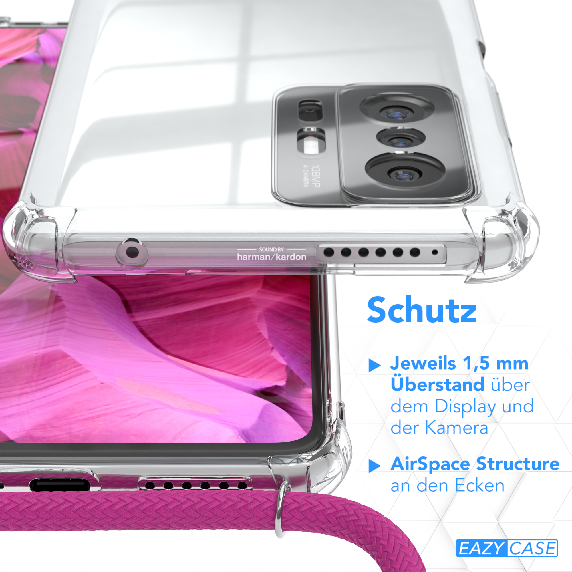 EAZY CASE Silber / mit Umhängeband, Xiaomi, 11T 5G, Umhängetasche, Pink Cover Clips 11T / Pro Clear