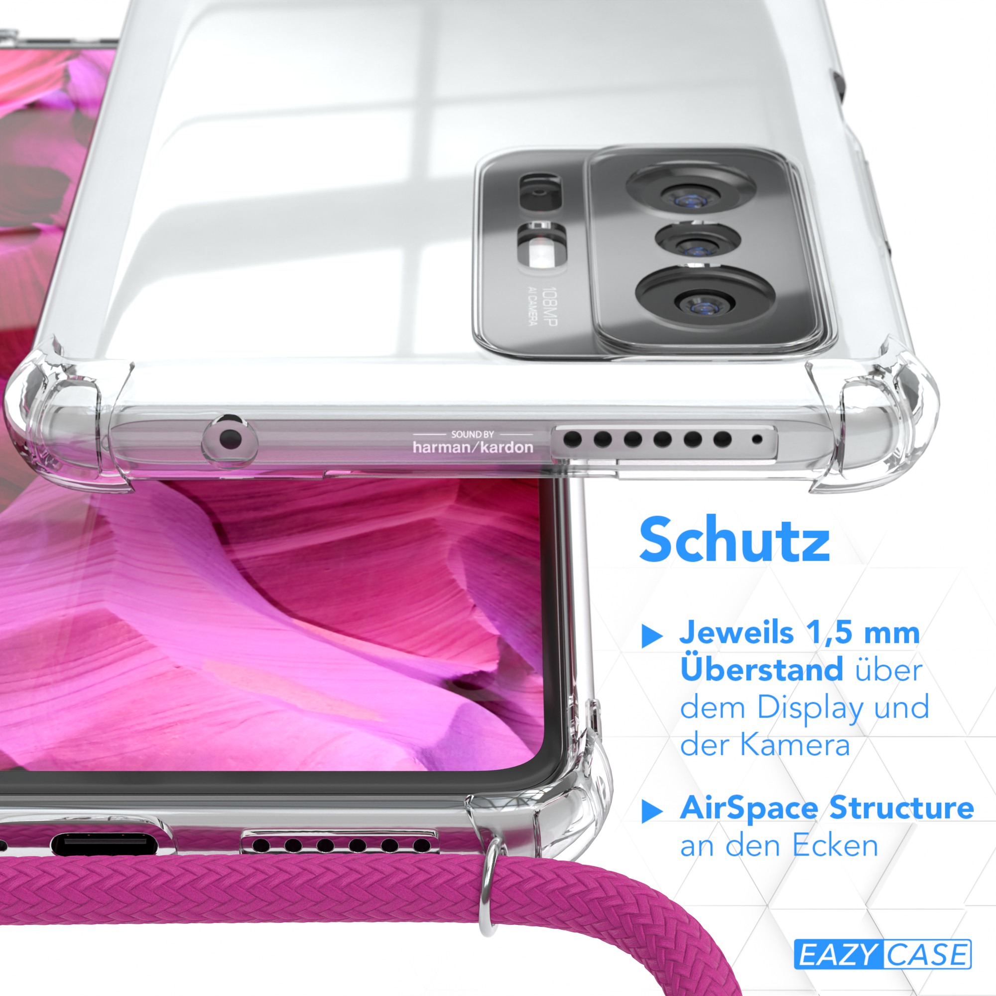 Klare Handyhülle über einem Telefon mit pinkfarbenem Hintergrund. Kamera, Lautsprecher und Ladeanschluss sind sichtbar.