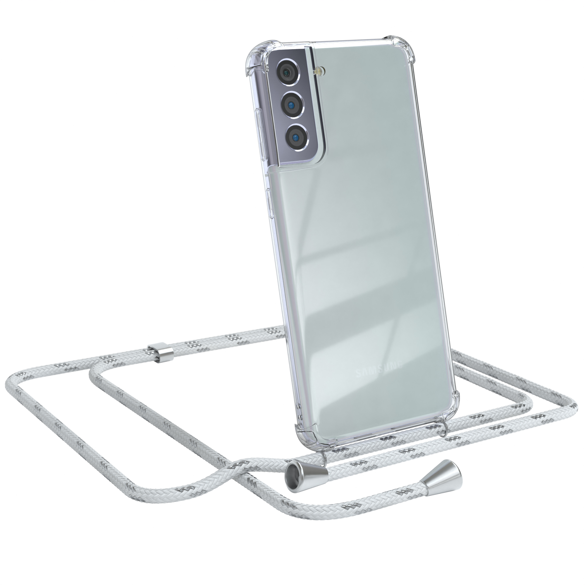 Transparente Hülle mit weißem Umhängeband. Samsung-Telefon sichtbar. Weißer Hintergrund.